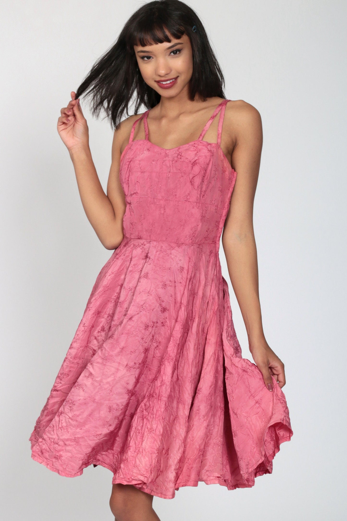 1950s Pink Floral Embroidered Midi Dress Spaghetti Strap High Waist Extra Small