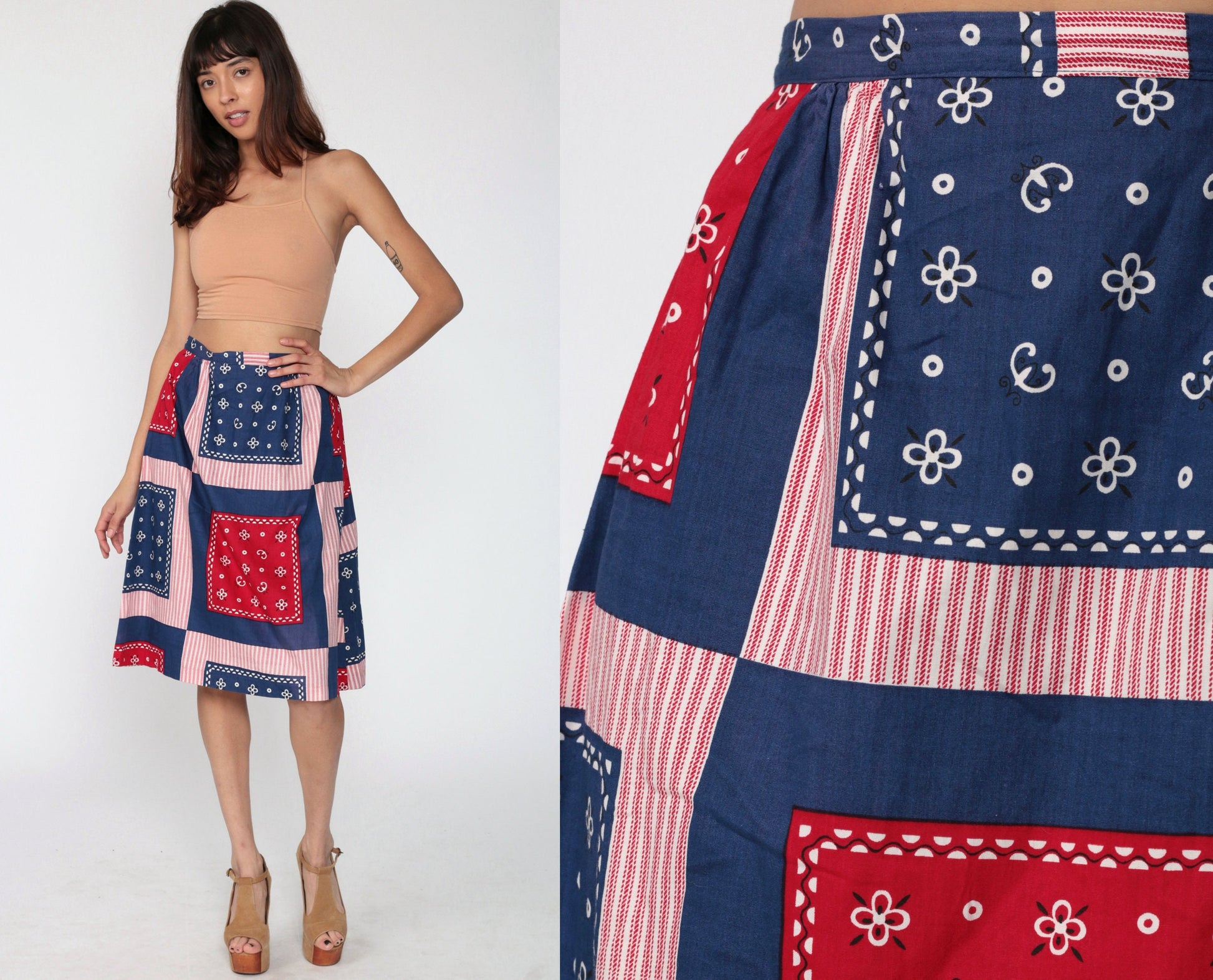 70s Scarf Print Midi Skirt High Waist Patchwork Red Blue Small