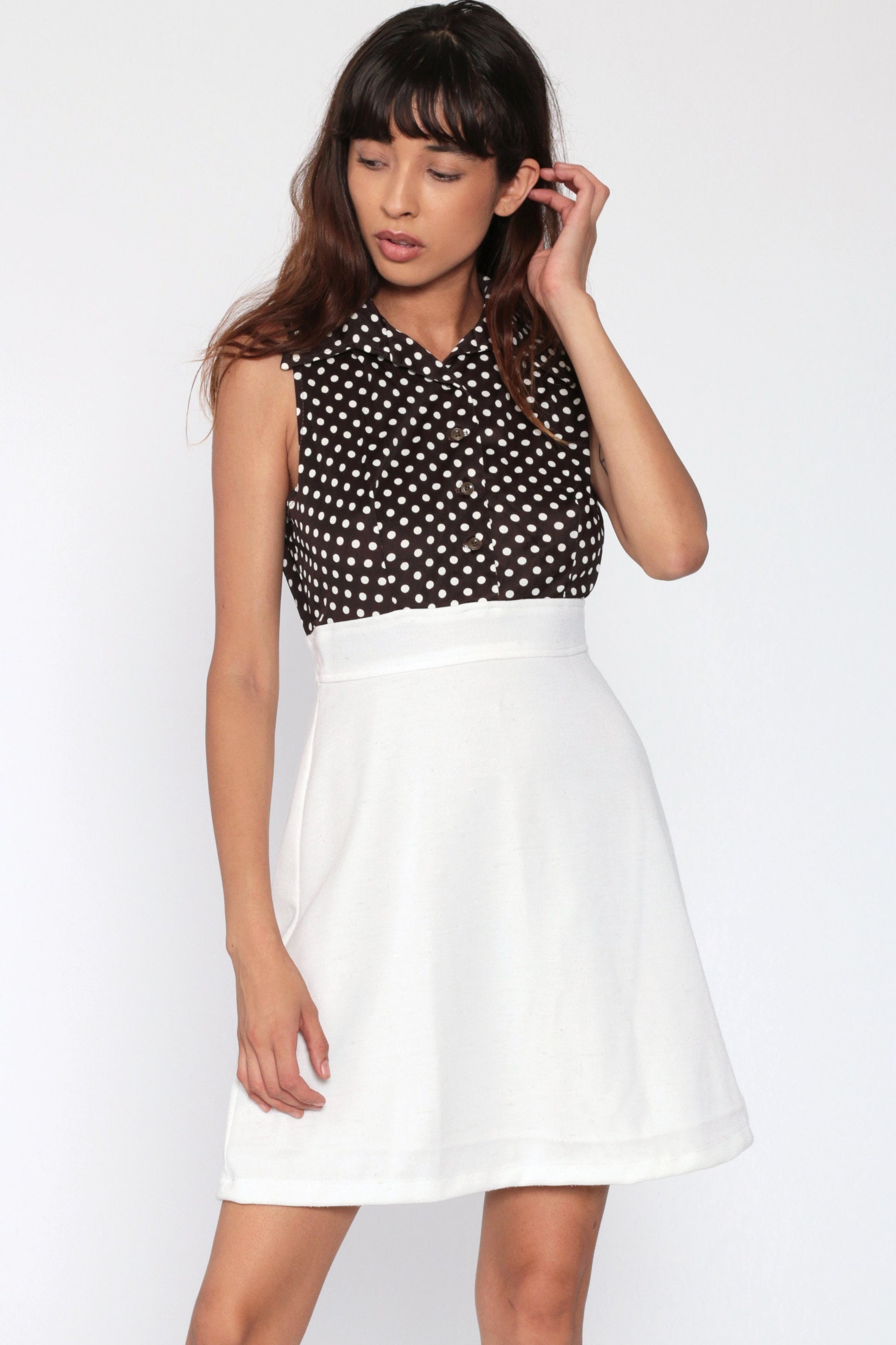 70s Brown Polka Dot Babydoll Dress Empire Waist Button Front Mini White Small
