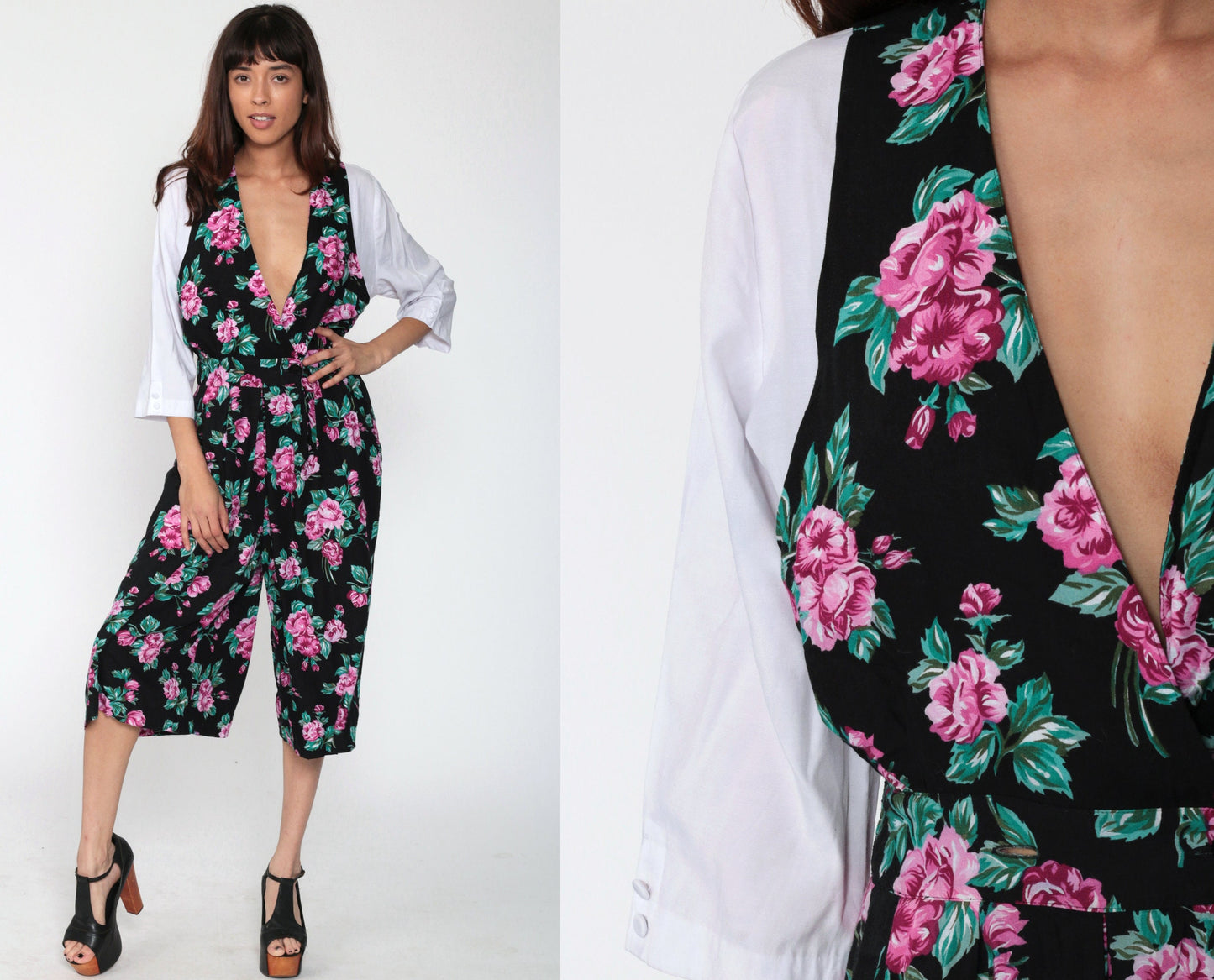 90s Floral Deep V Jumpsuit Wide Leg High Waist Black Small