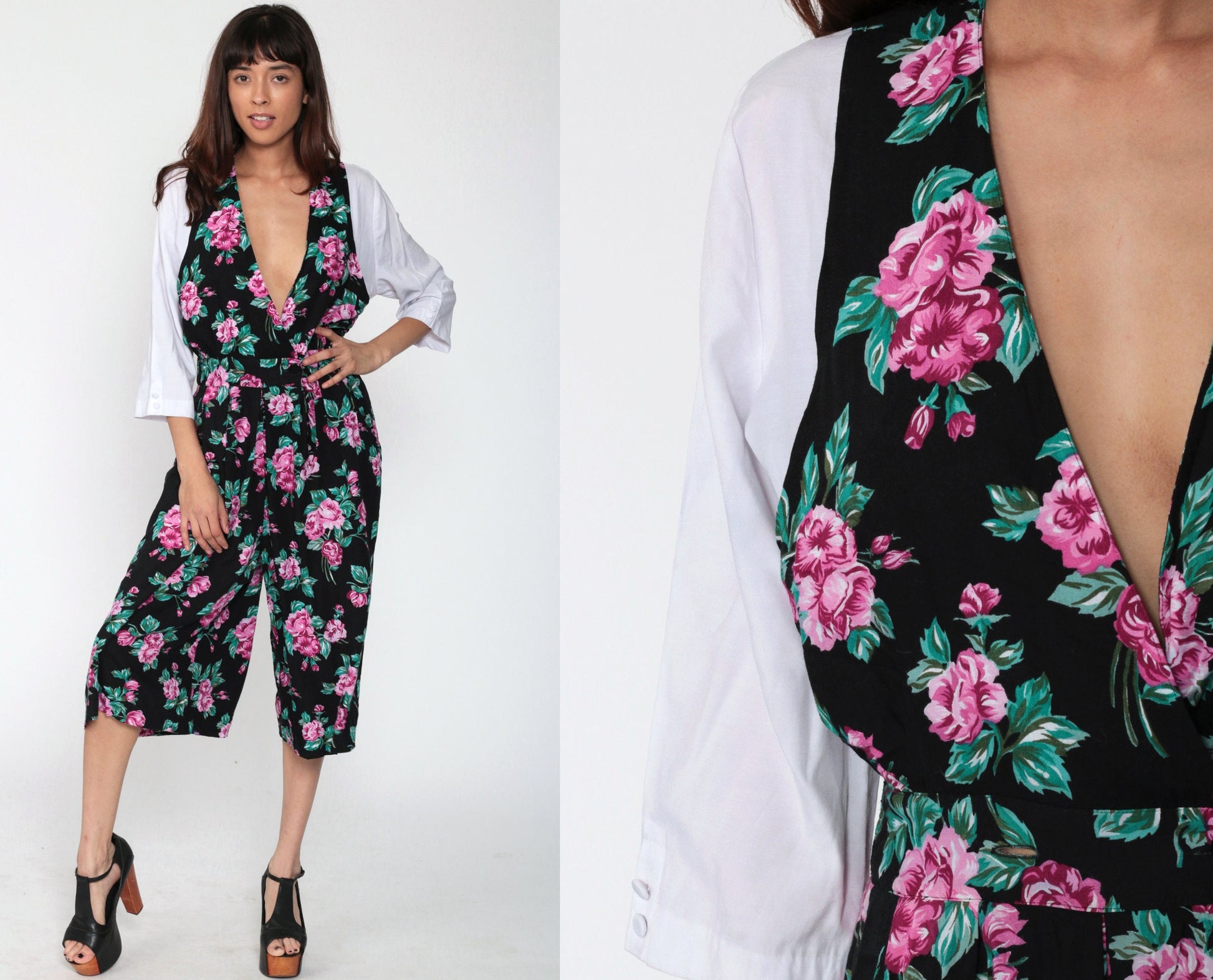 90s Floral Deep V Jumpsuit Wide Leg High Waist Black Small