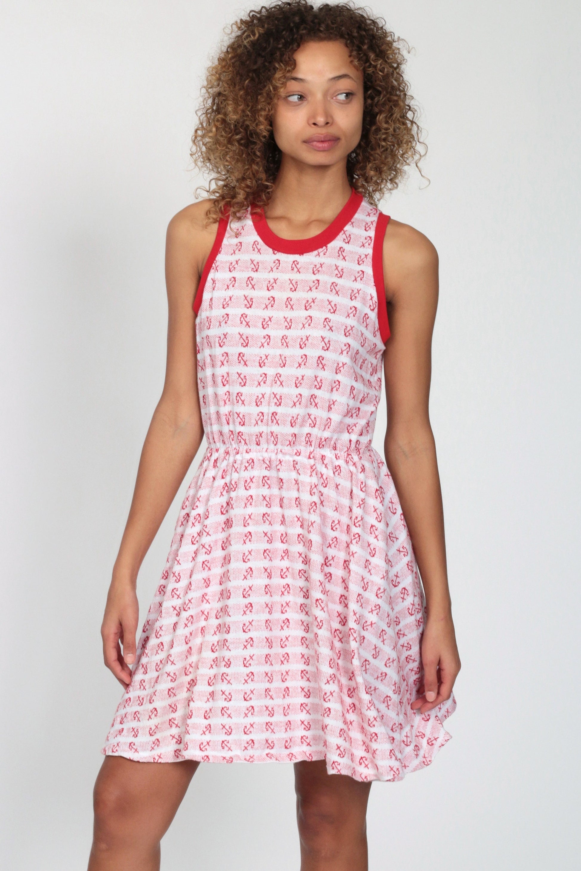 70s Nautical Anchor Mini Dress High Waist Ringer Red White Small
