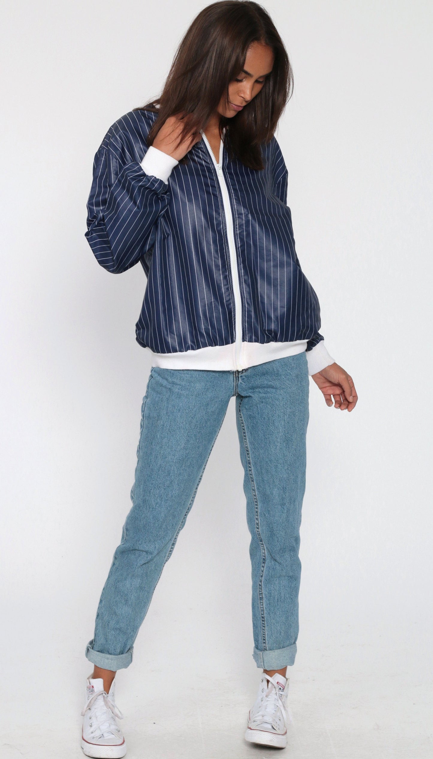 80s Pierre Cardin Striped Bomber Jacket Blue White Nylon Windbreaker Medium Large