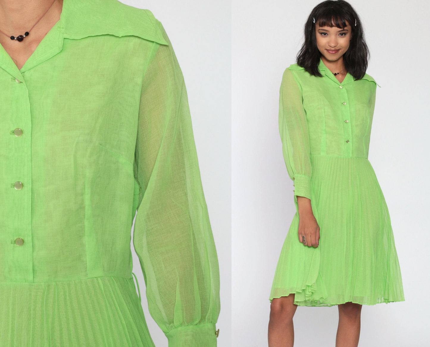 70s Green Sheer Button-Up Dress Pleated High-Waisted Long Sleeve Small