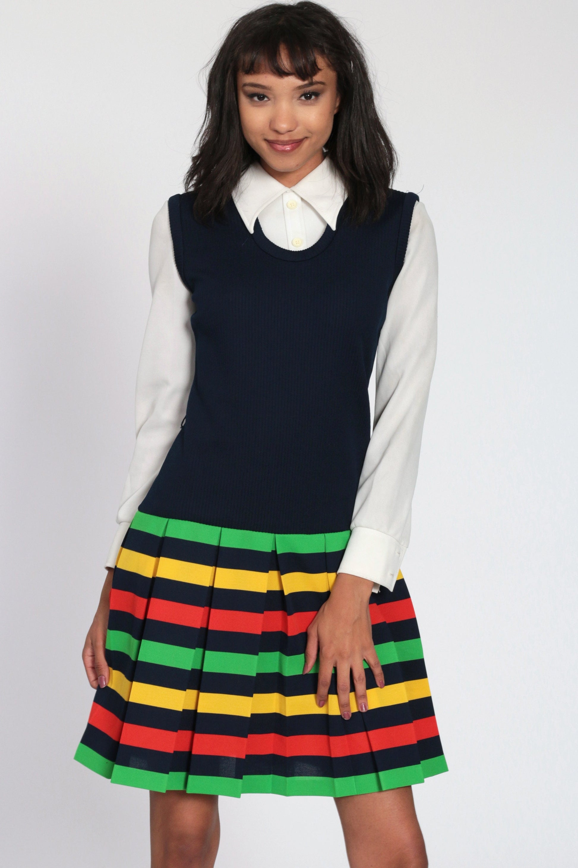 60s Mod Shift Dress Blue Striped Pleated Drop Waist Mini Small