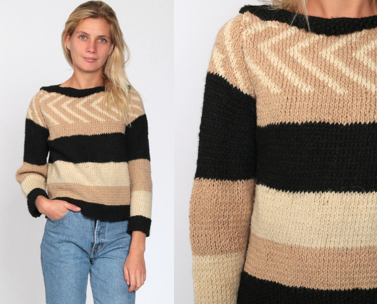 80s Handmade Wool Striped Boat Neck Sweater Tan Cream Black Cropped Extra Small