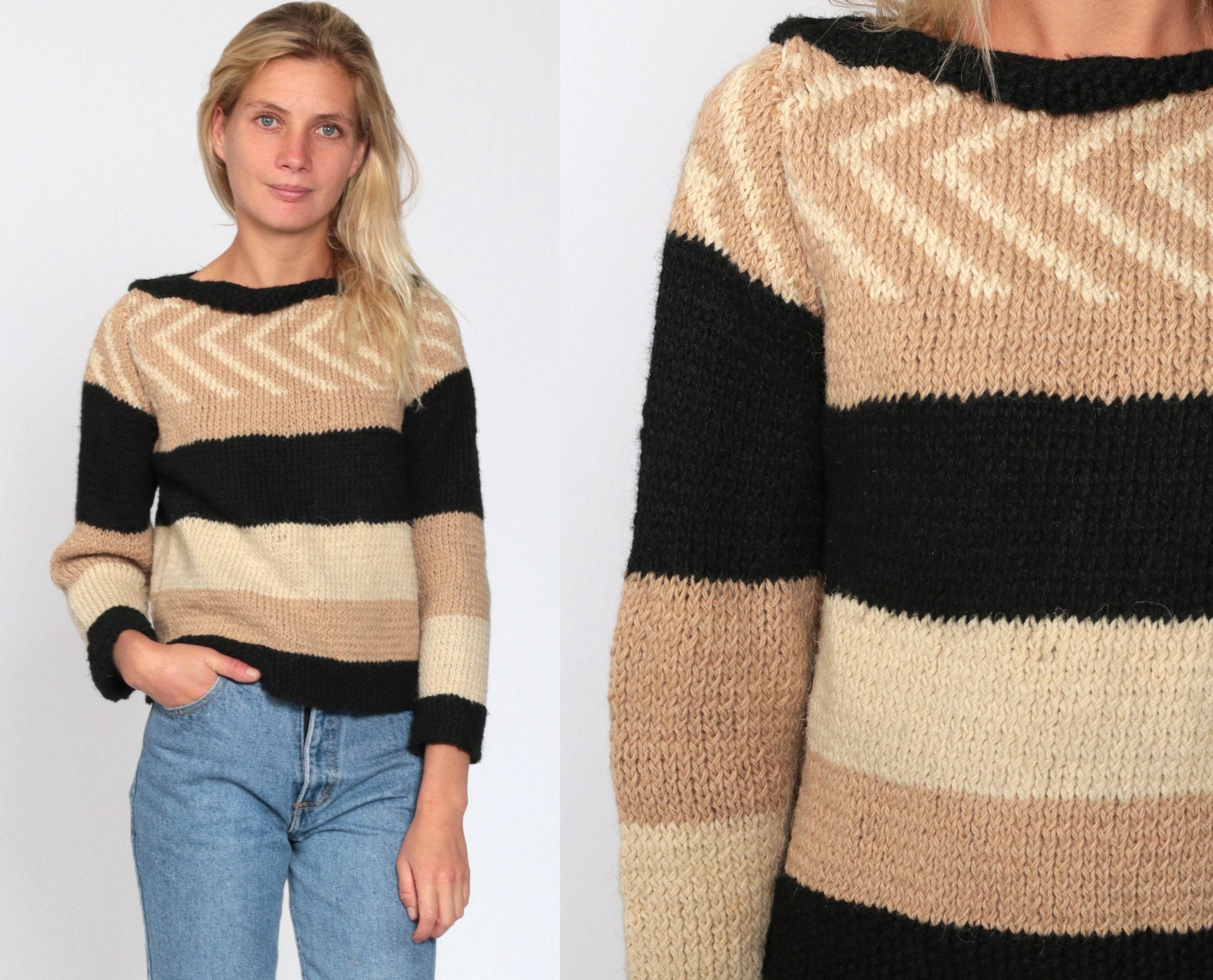 80s Handmade Wool Striped Boat Neck Sweater Tan Cream Black Cropped Extra Small