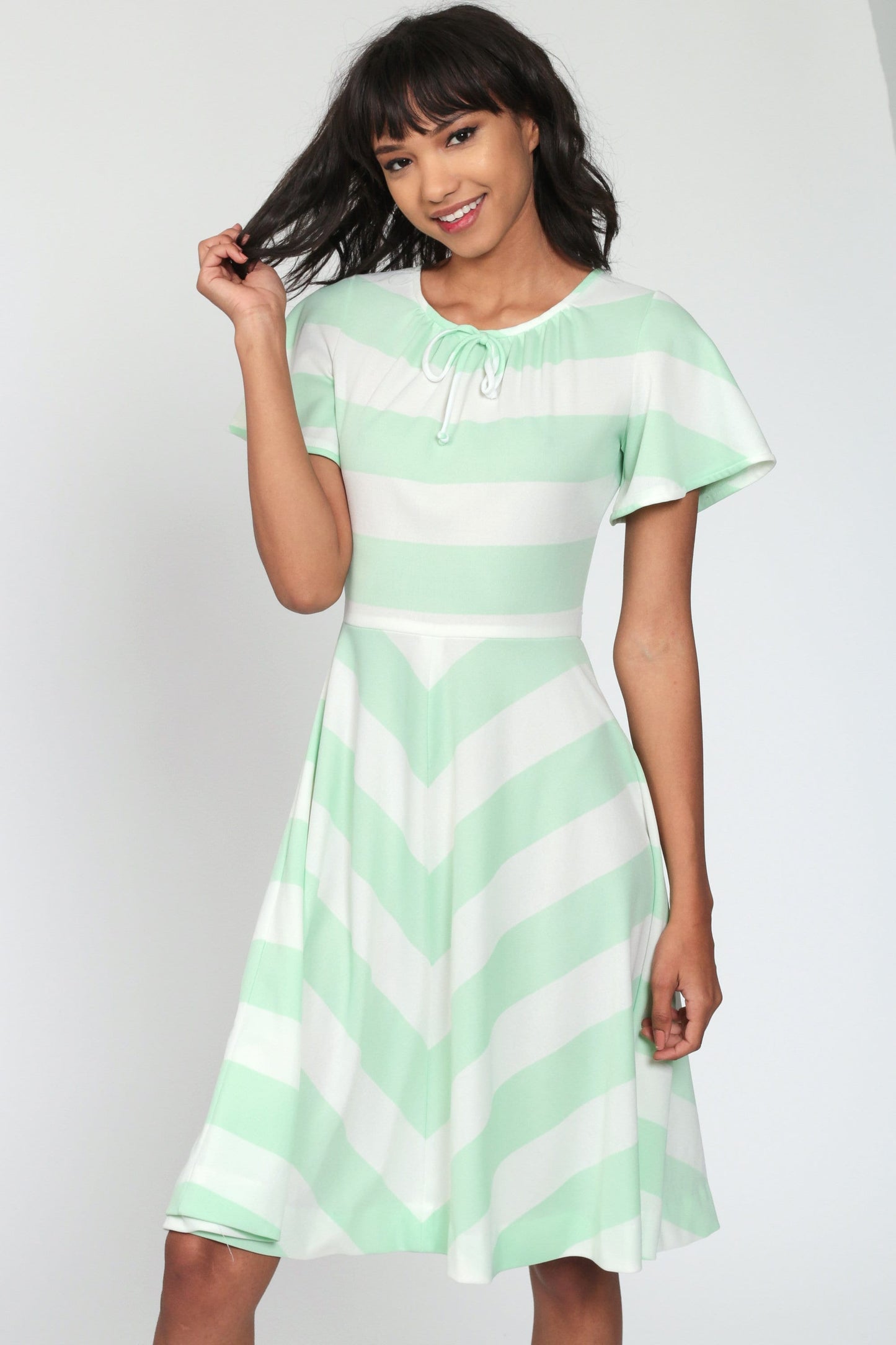 70s Chevron Stripe Midi Dress Green White Flutter Sleeve High Waist Extra Small