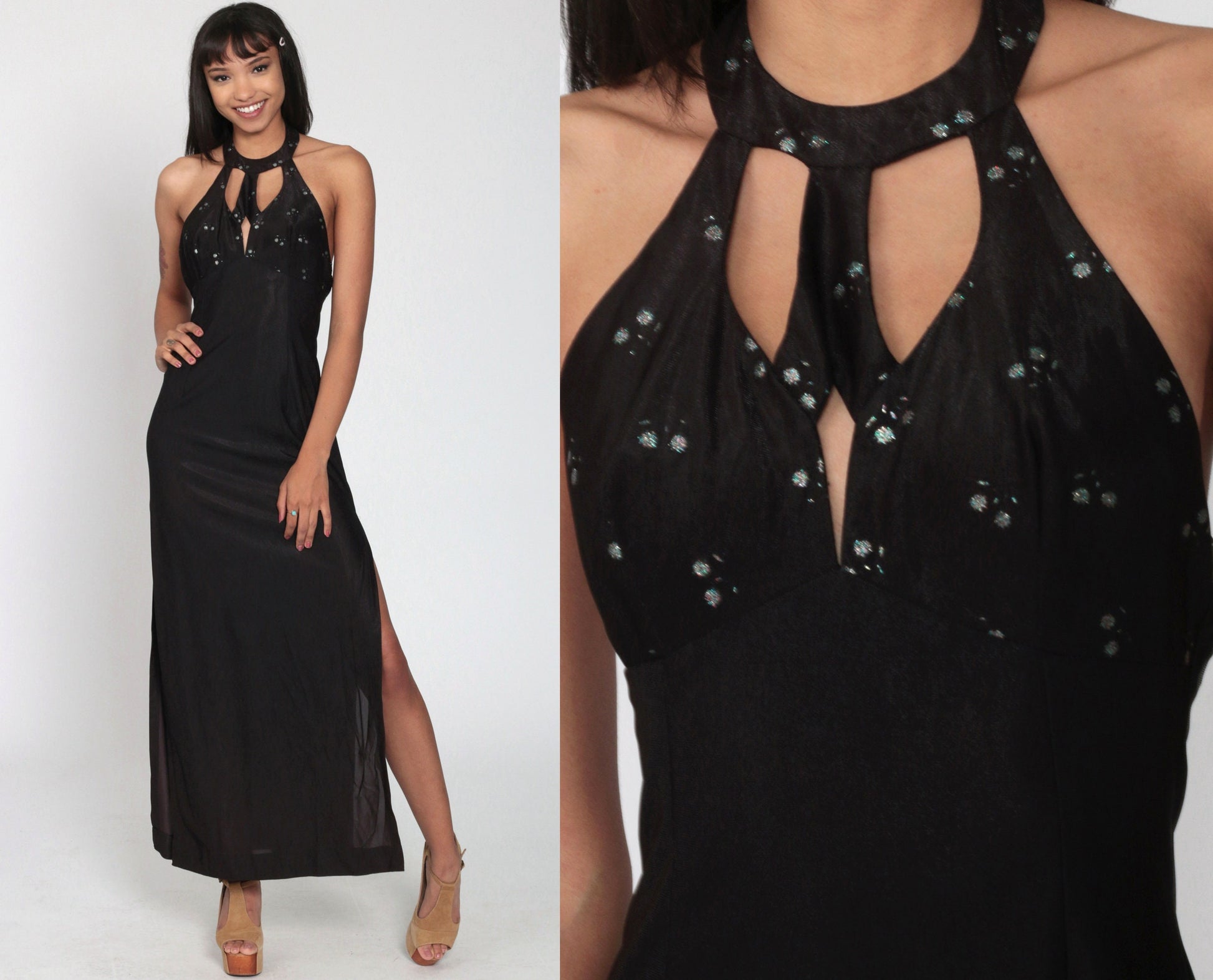 70s Frederick's of Hollywood Black Glitter Maxi Dress Halter Cutout Extra Small
