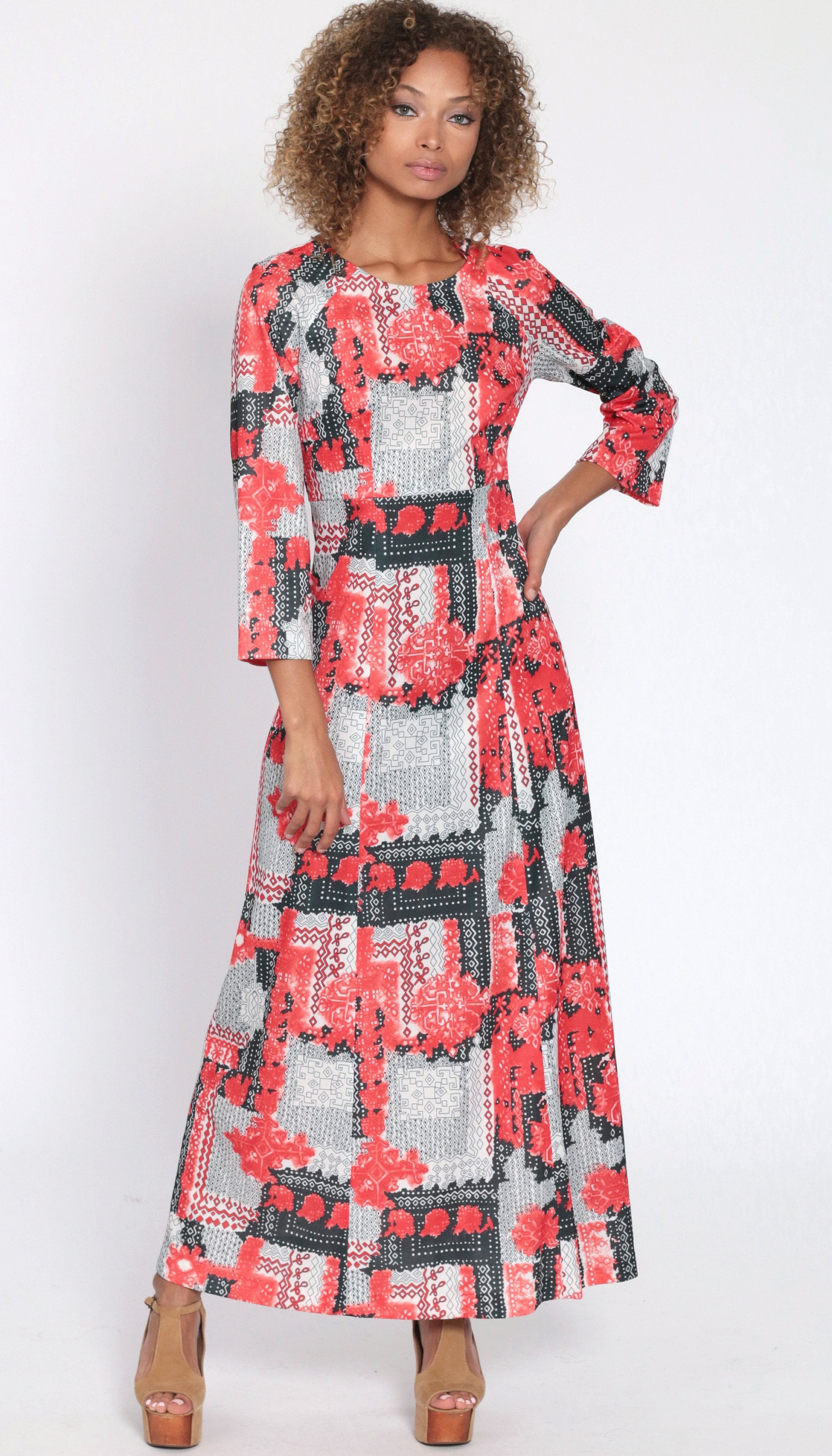 70s Abstract Geometric Maxi Dress High Waist Long Sleeve Red White Black Small