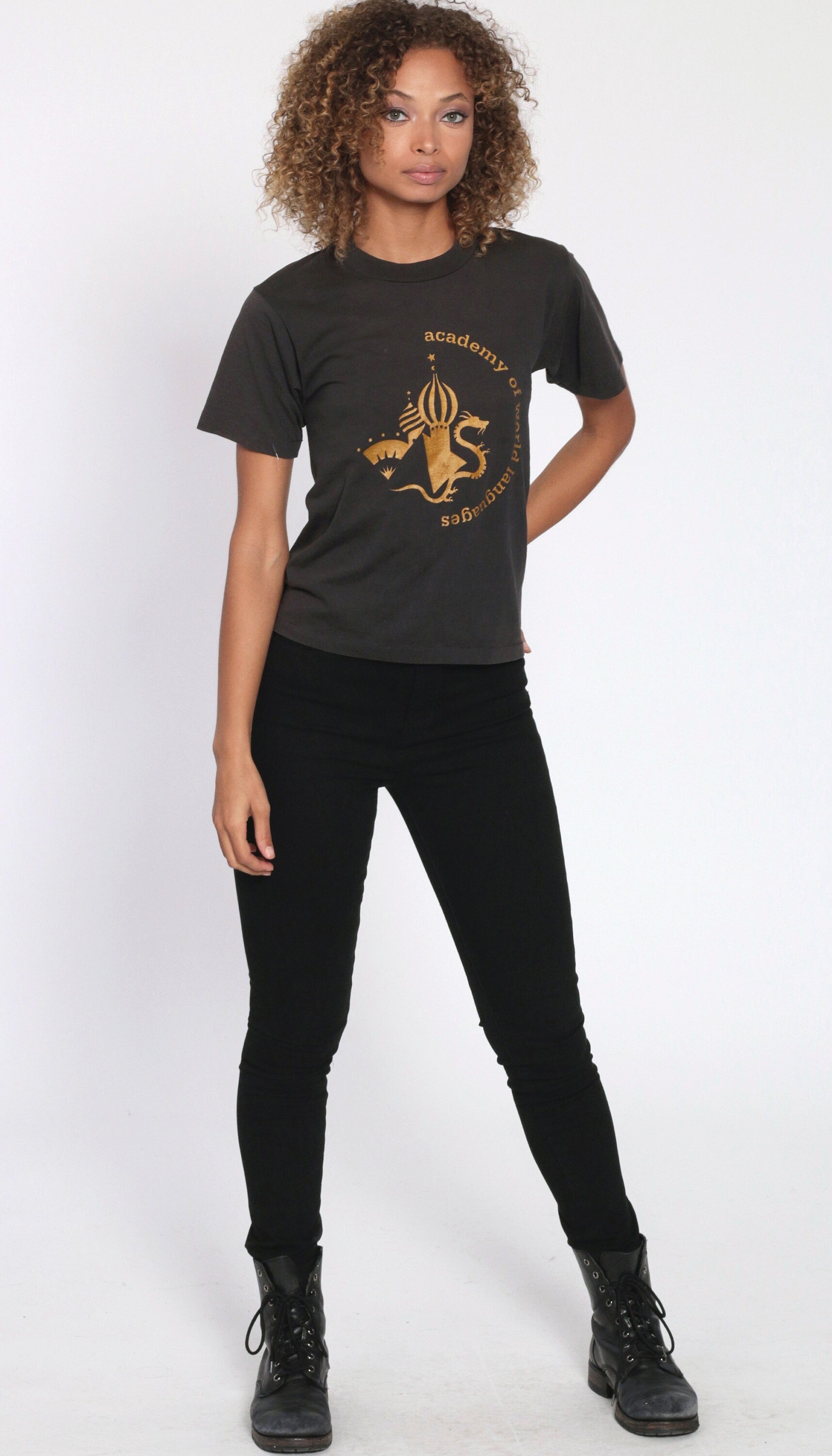 Academy of World Languages Graphic T-Shirt Black Single Stitch 90s Extra Small XS