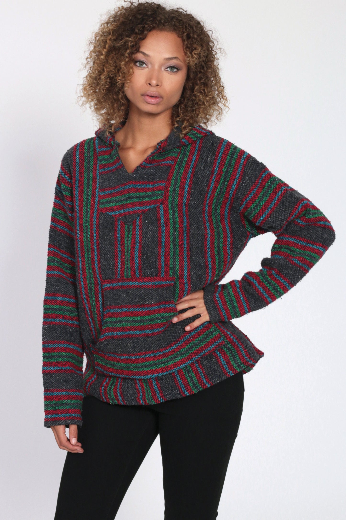 90s Mexican Drug Rug Baja Hoodie Grey Red Stripe Kangaroo Pocket Large