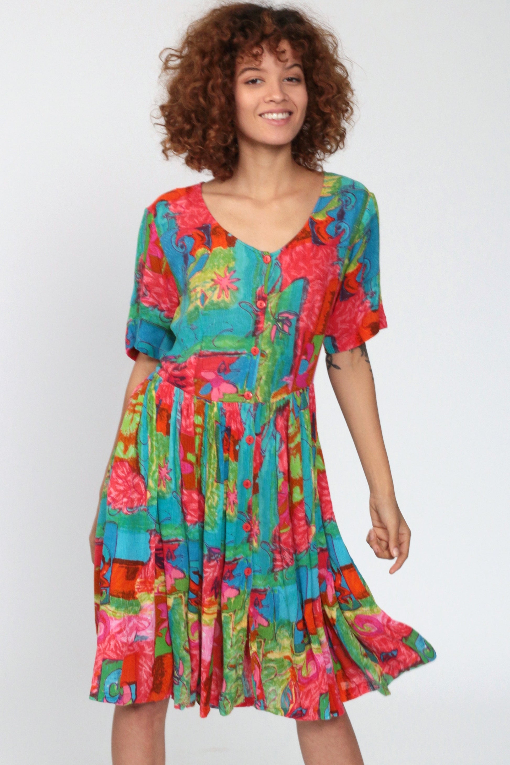 90s Phool Floral Button-Up Dress Multicolour High-Waisted Knee-Length Small