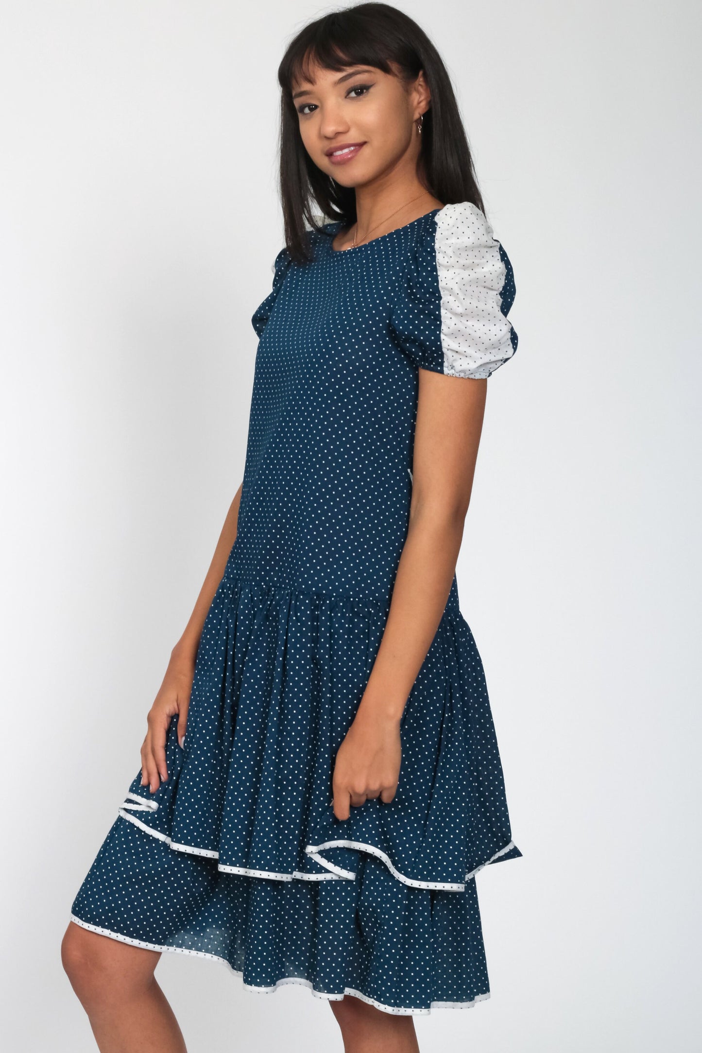80s Blue Polka Dot Puff Sleeve Minidress Drop Waist Ruffled Small