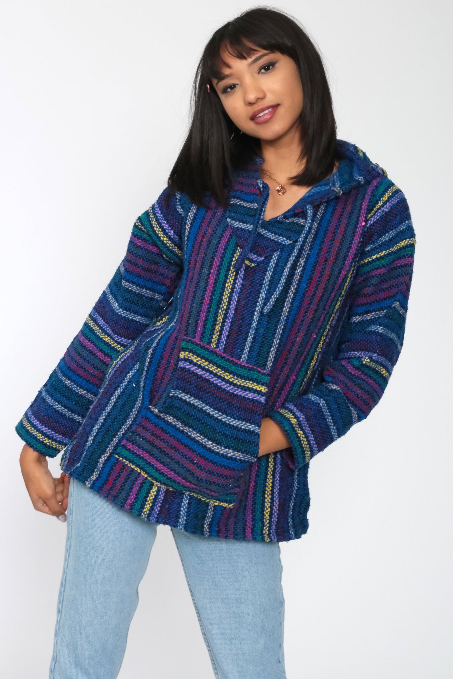 90s Neon Rainbow Mexican Drug Rug Baja Hoodie Blue Kangaroo Pocket Medium
