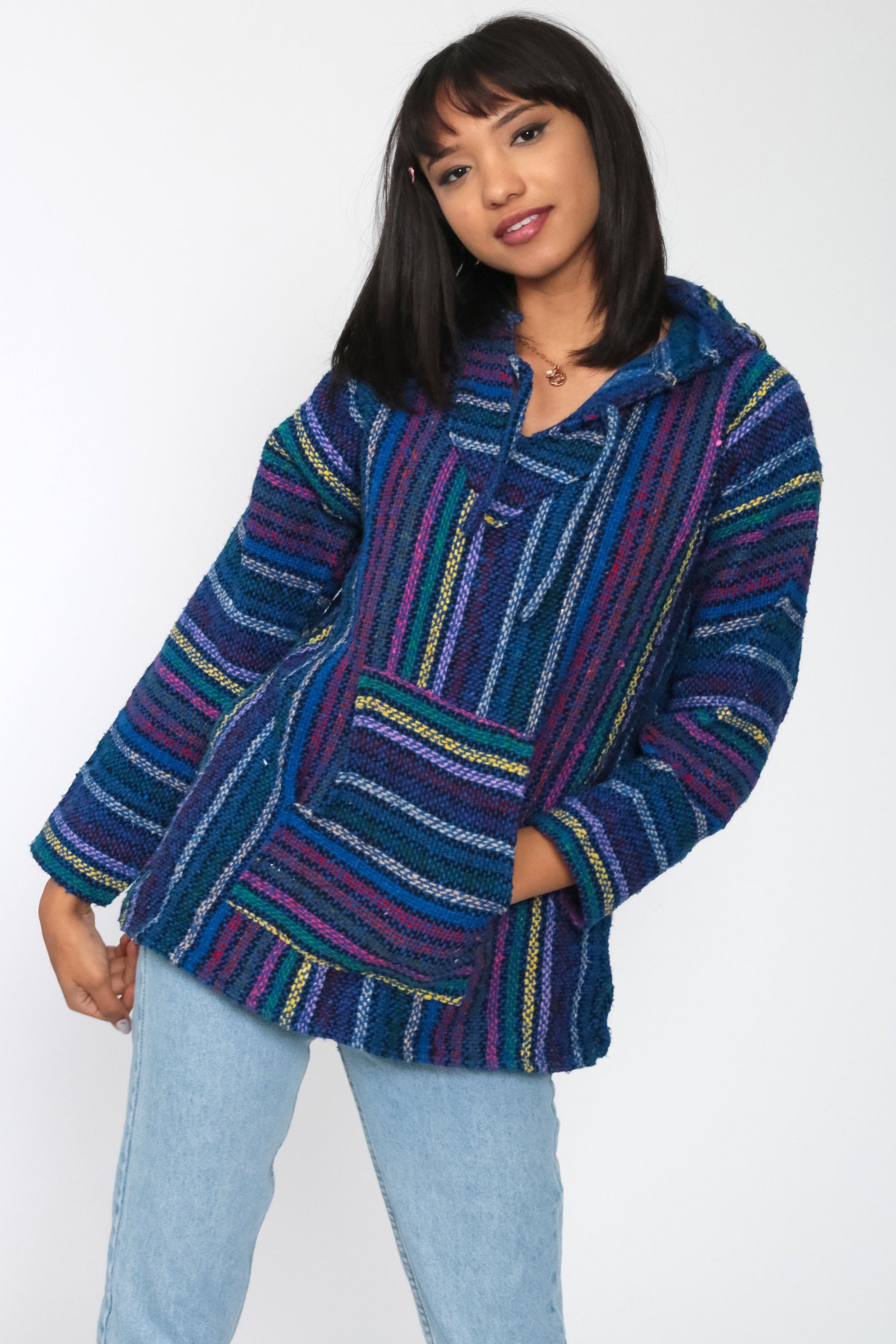 90s Neon Rainbow Mexican Drug Rug Baja Hoodie Blue Kangaroo Pocket Medium