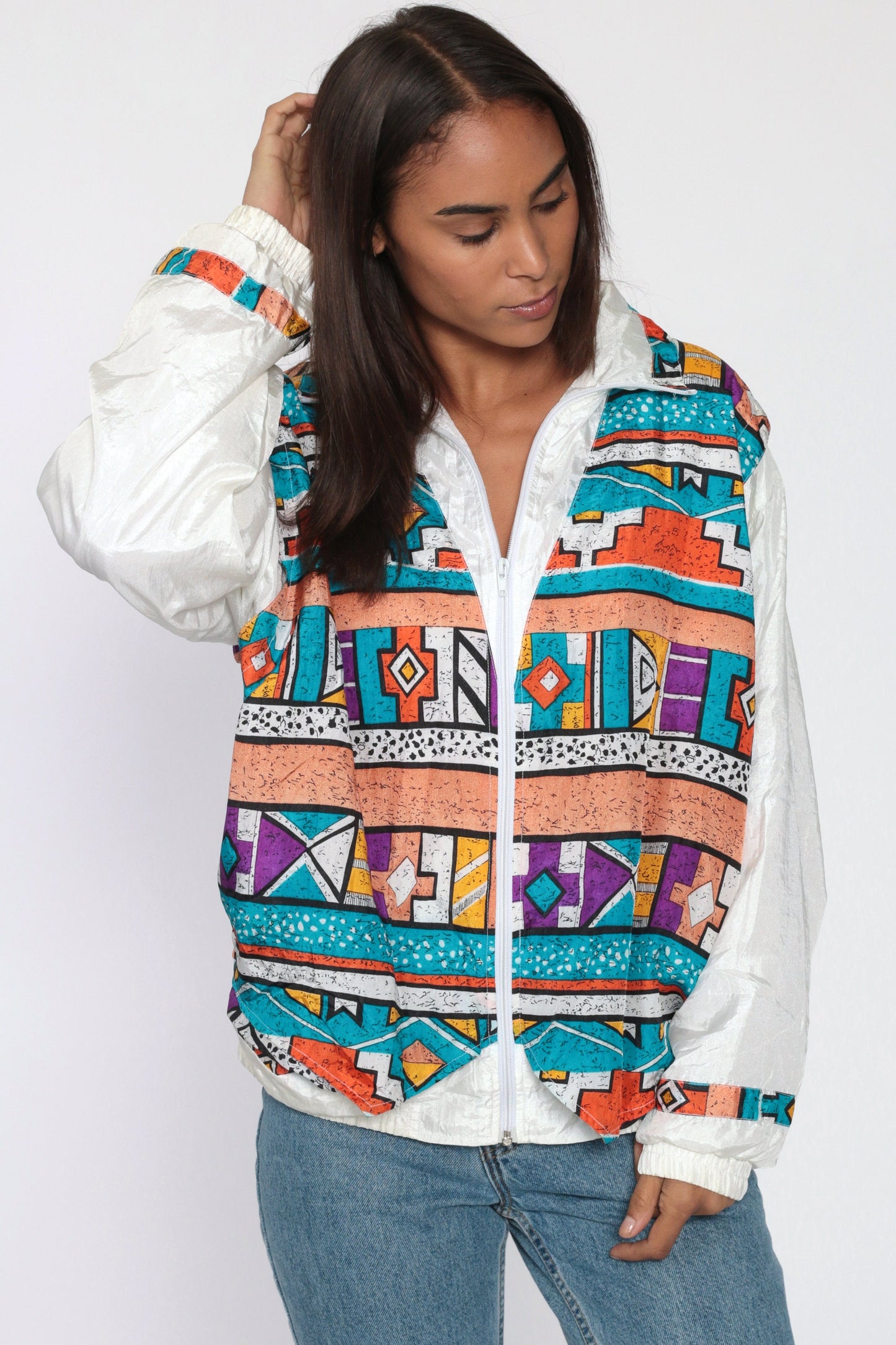 90s Tribal Geometric Windbreaker Jacket White Southwestern Nylon Medium Large