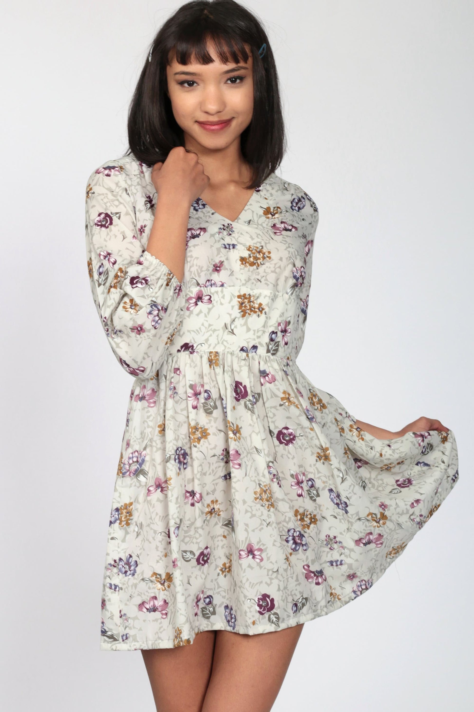 70s Floral Empire Waist Mini Dress Grey V-Neck Long Sleeve Small
