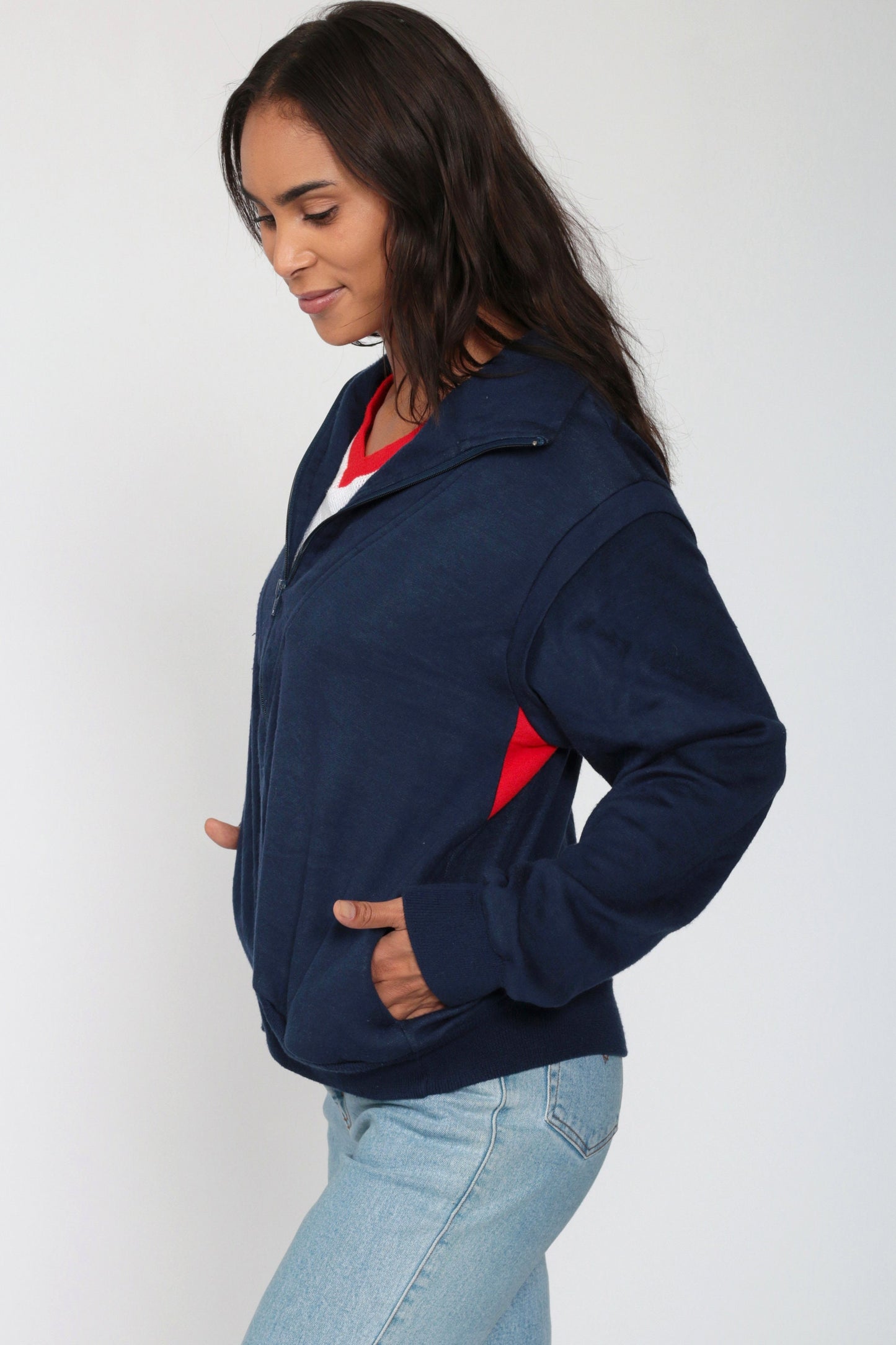 80s Half Zip Sweatshirt Attached Mesh Tank Navy Red White Ringer V-Neck Medium