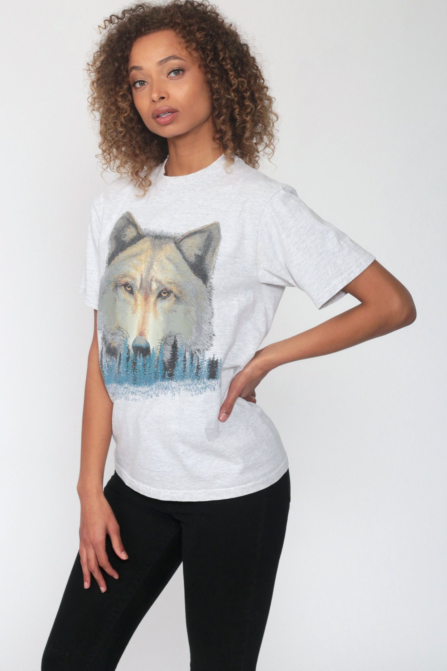 90s Wolf Print T-Shirt Distressed Graphic Tee Cotton Single Stitch Extra Small