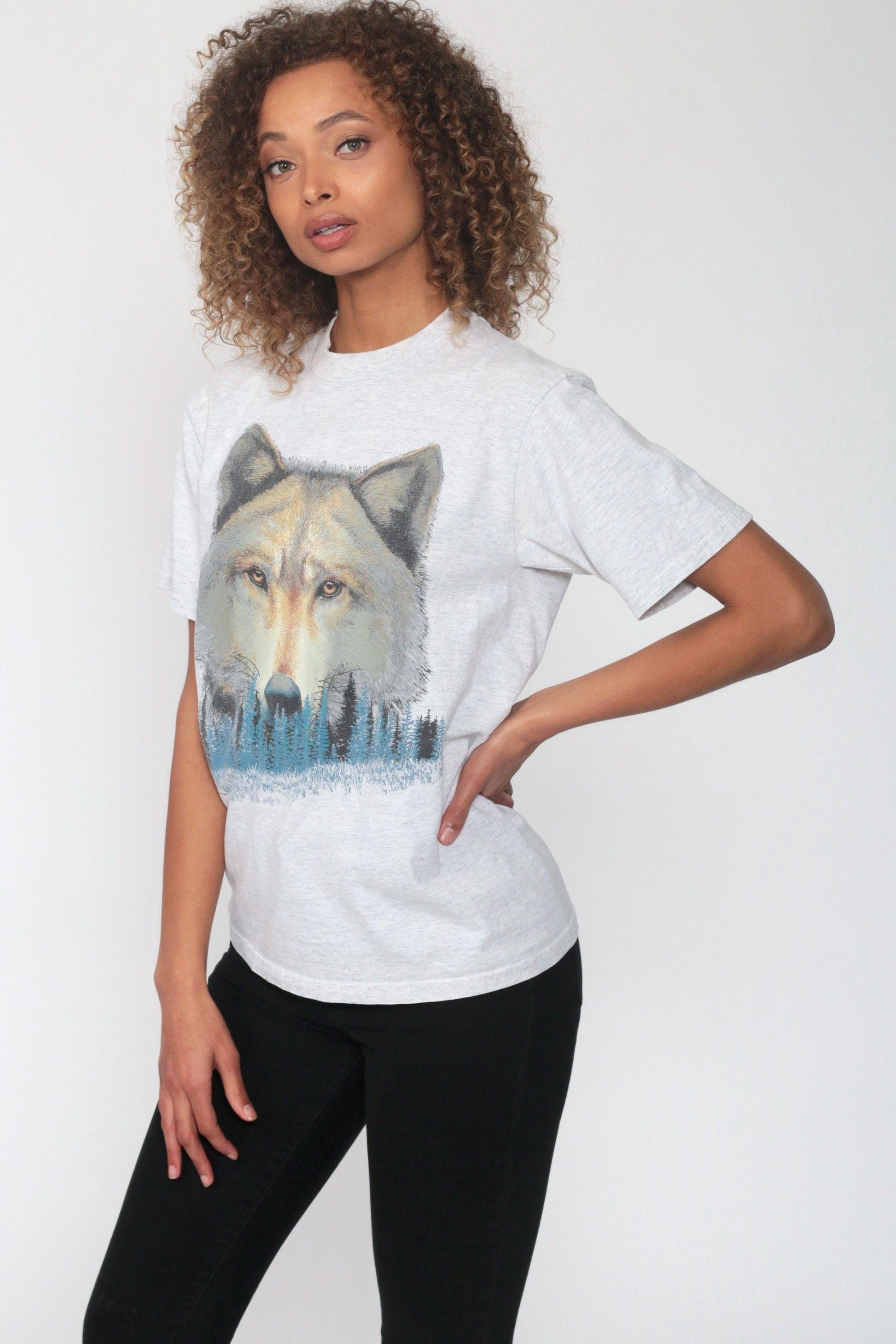 90s Wolf Print T-Shirt Distressed Graphic Tee Cotton Single Stitch Extra Small