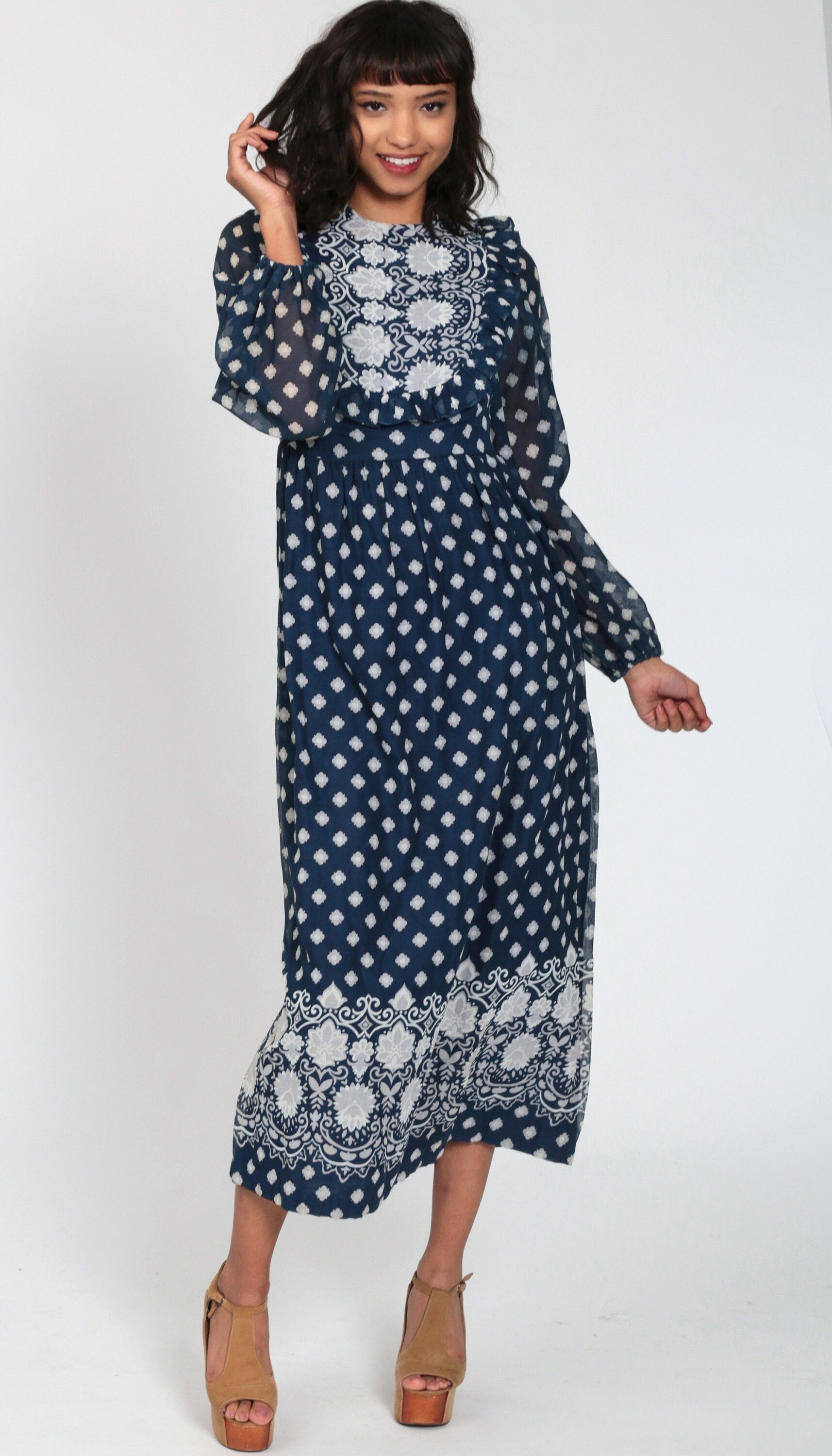 70s Navy Floral Maxi Dress Ruffled Bib High Waist Sheer Sleeves Small