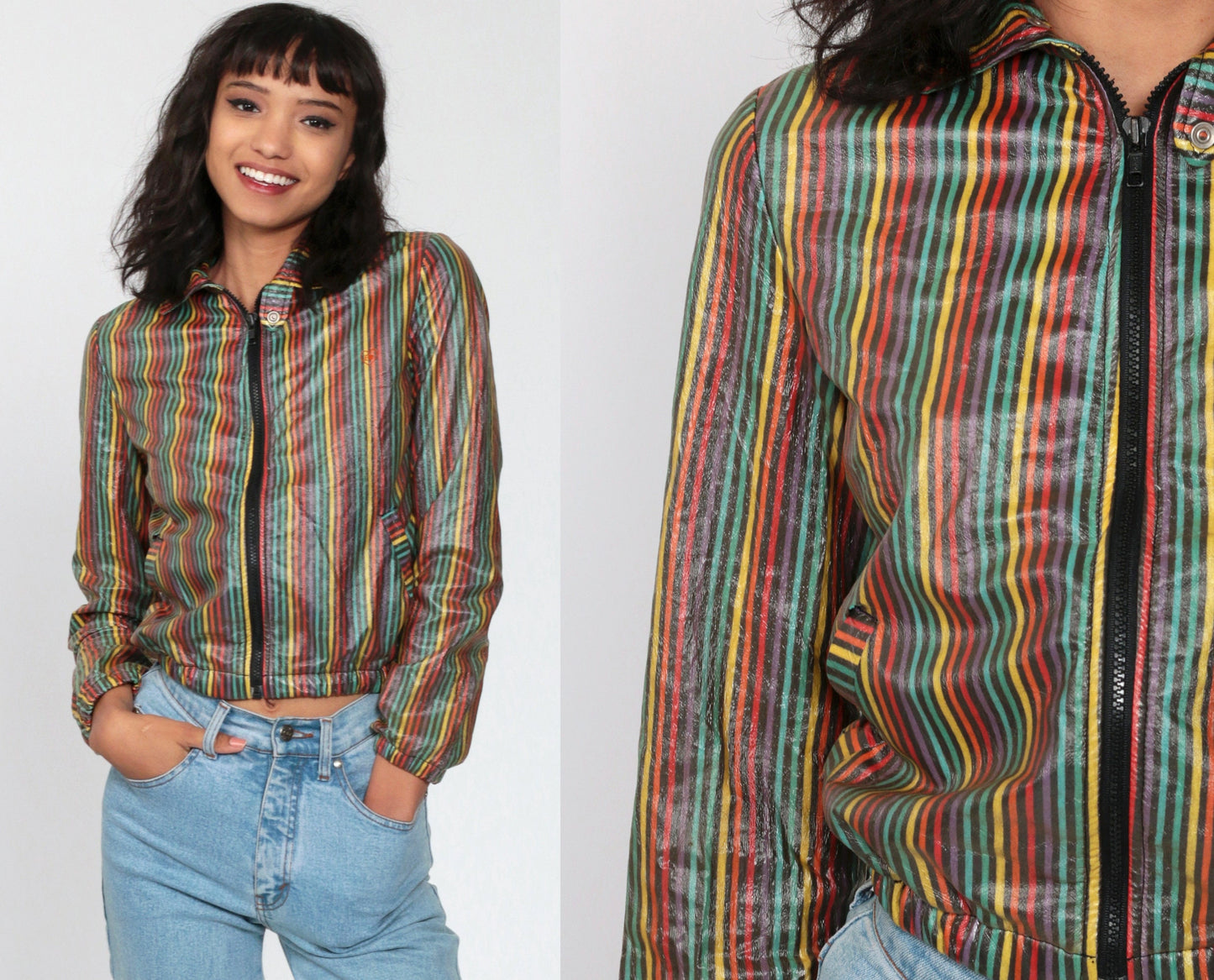 90s Rainbow Striped Cropped Windbreaker Jacket Black Zip-Up Extra Small XS