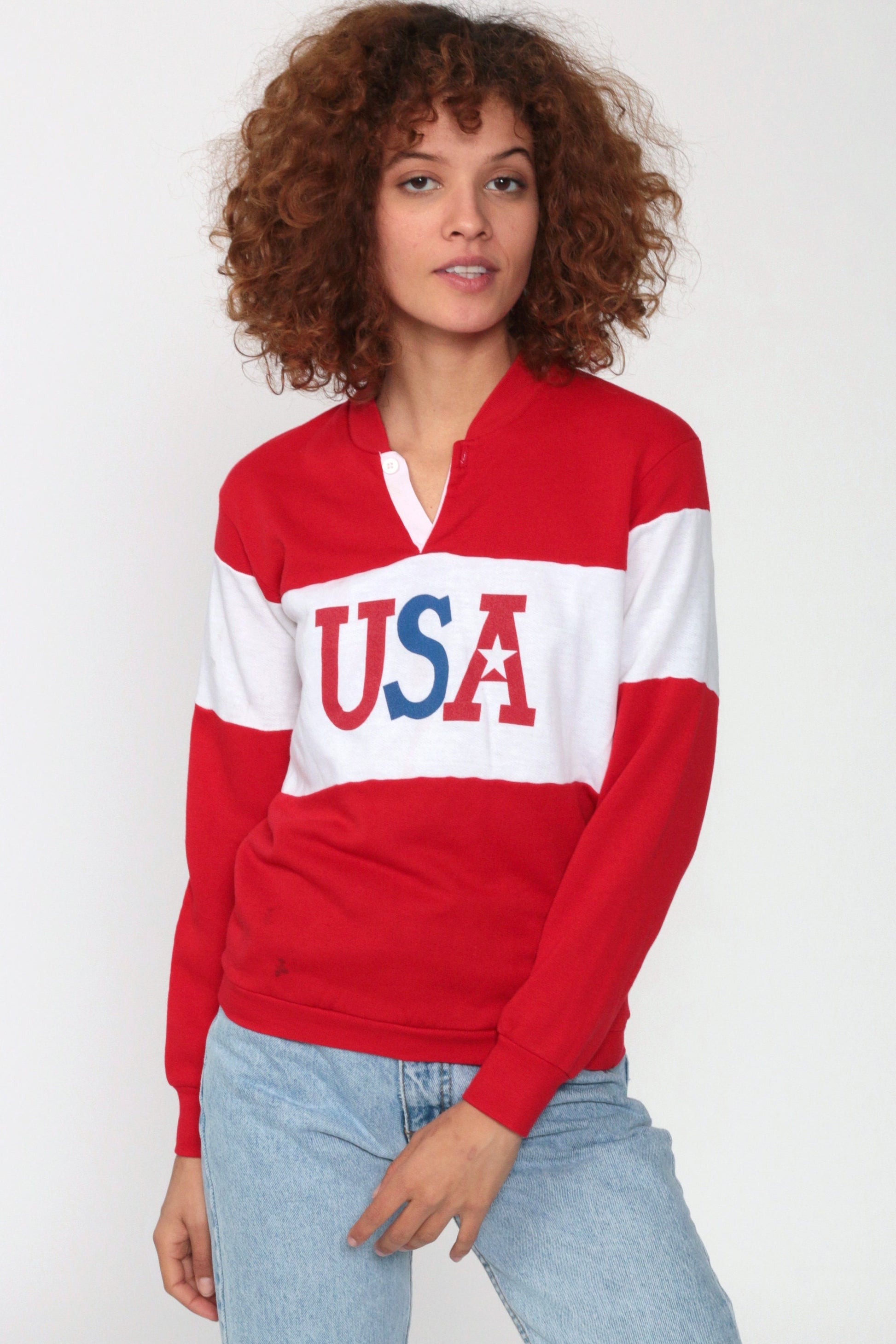 80s USA Patriotic Graphic Sweatshirt Red Polo Buttons Extra Small