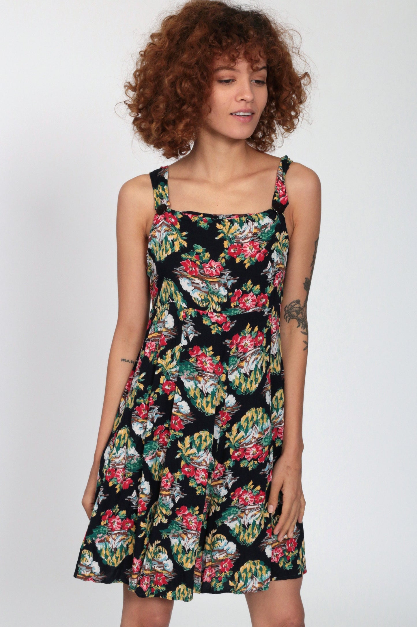 90s Tropical Floral Black Romper Sleeveless Wide Leg Playsuit Extra Small