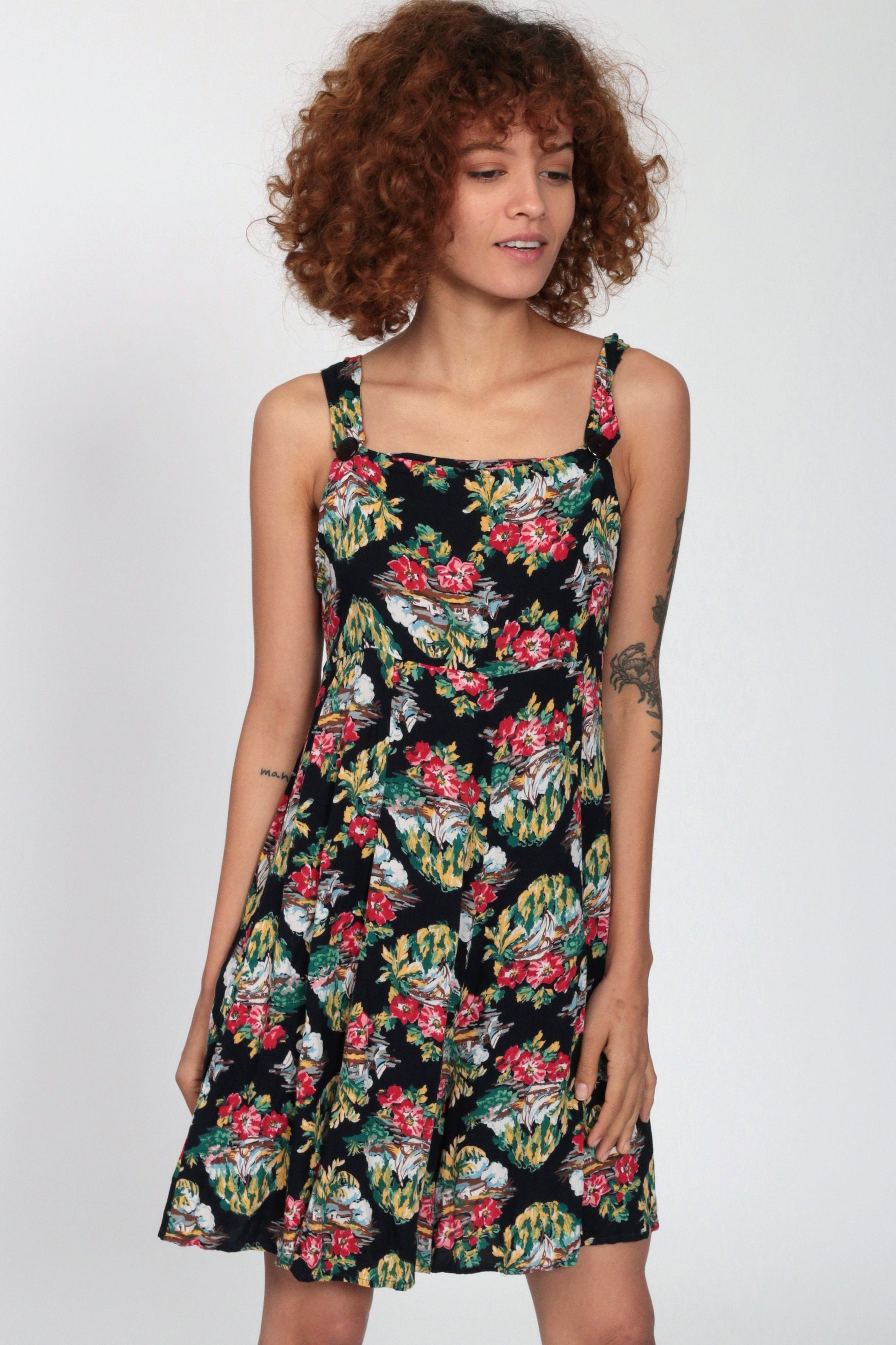 90s Tropical Floral Black Romper Sleeveless Wide Leg Playsuit Extra Small