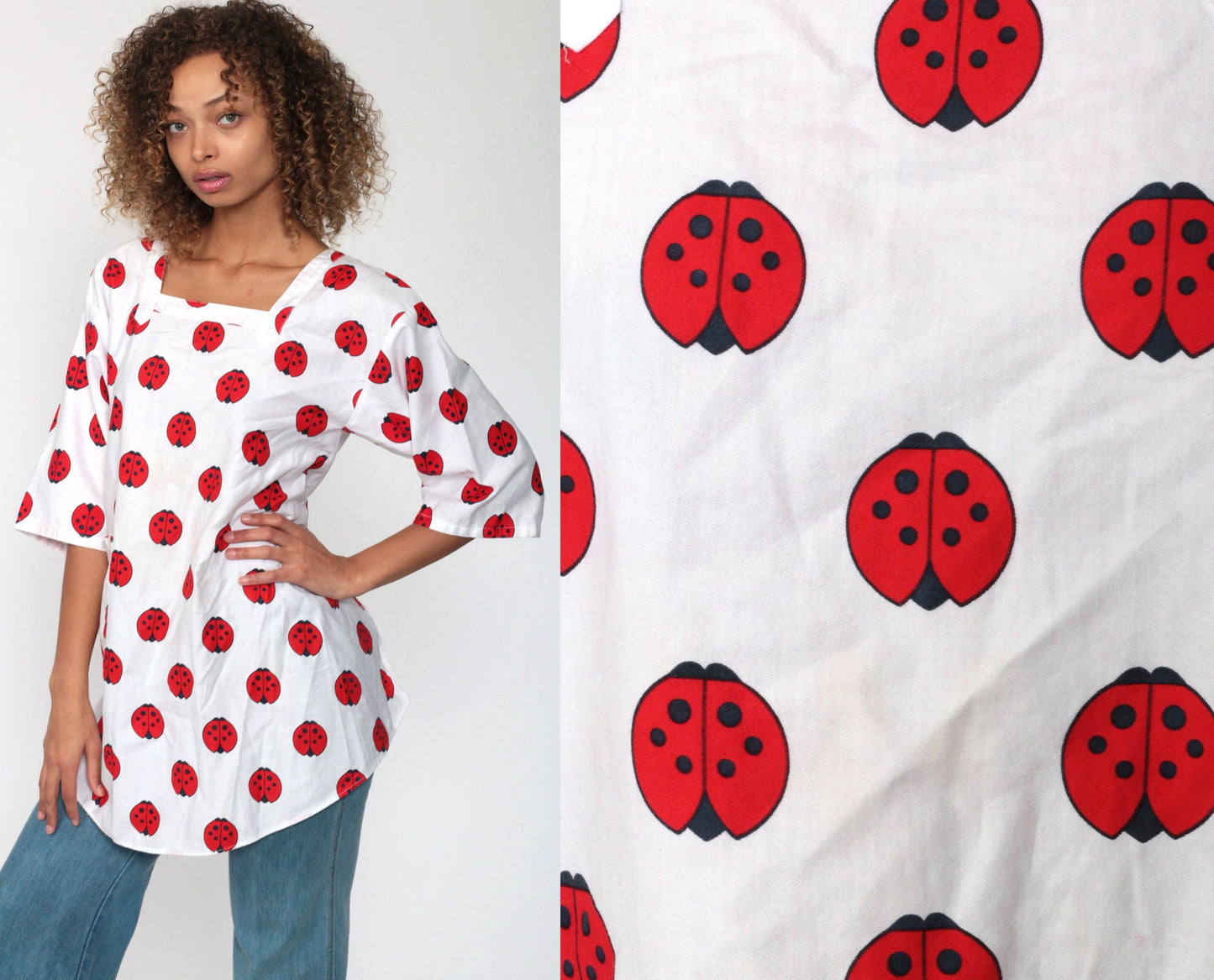 70s Ladybug Print Tunic Blouse Open Back 3/4 Sleeve Extra Small