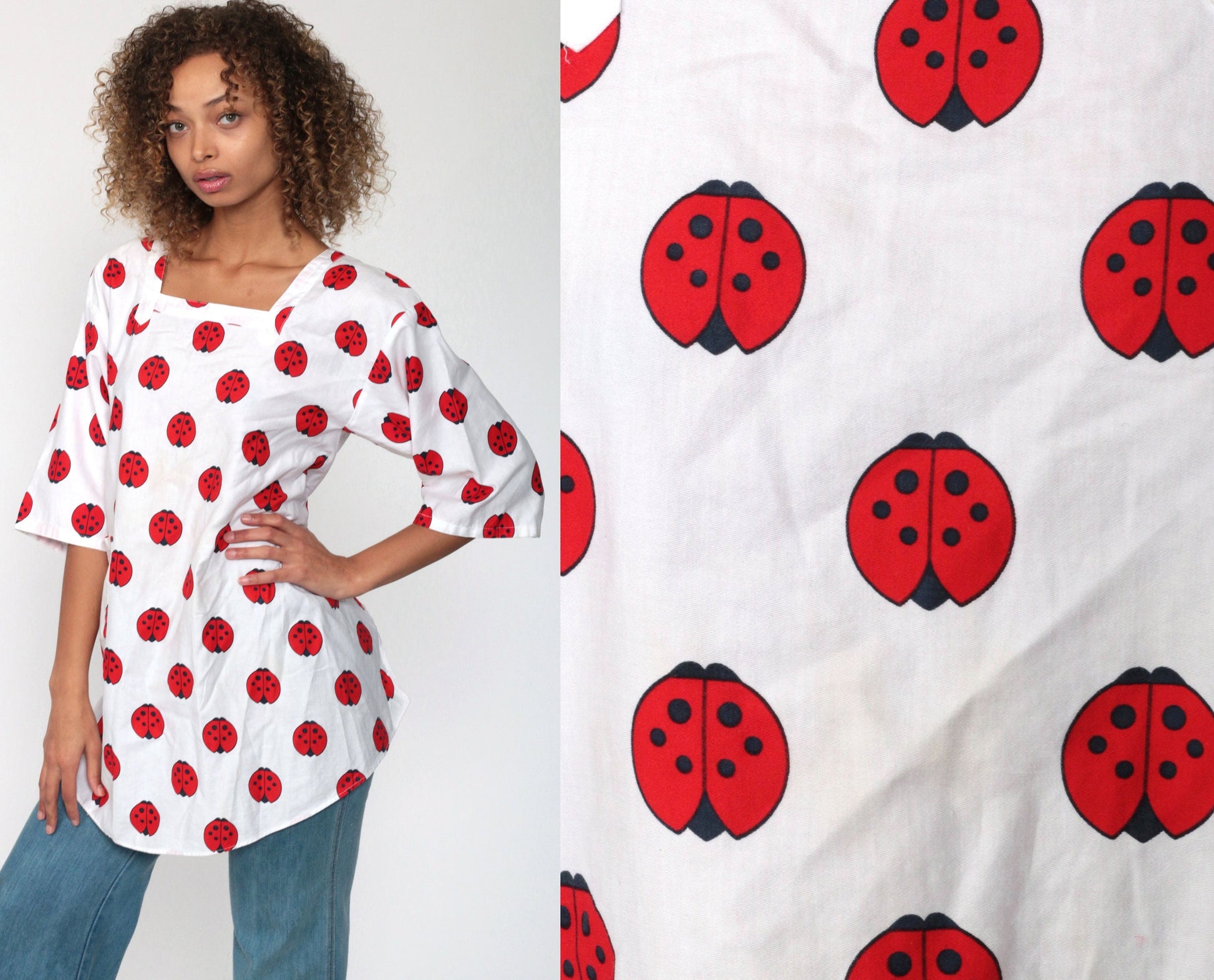 70s Ladybug Print Tunic Blouse Open Back 3/4 Sleeve Extra Small