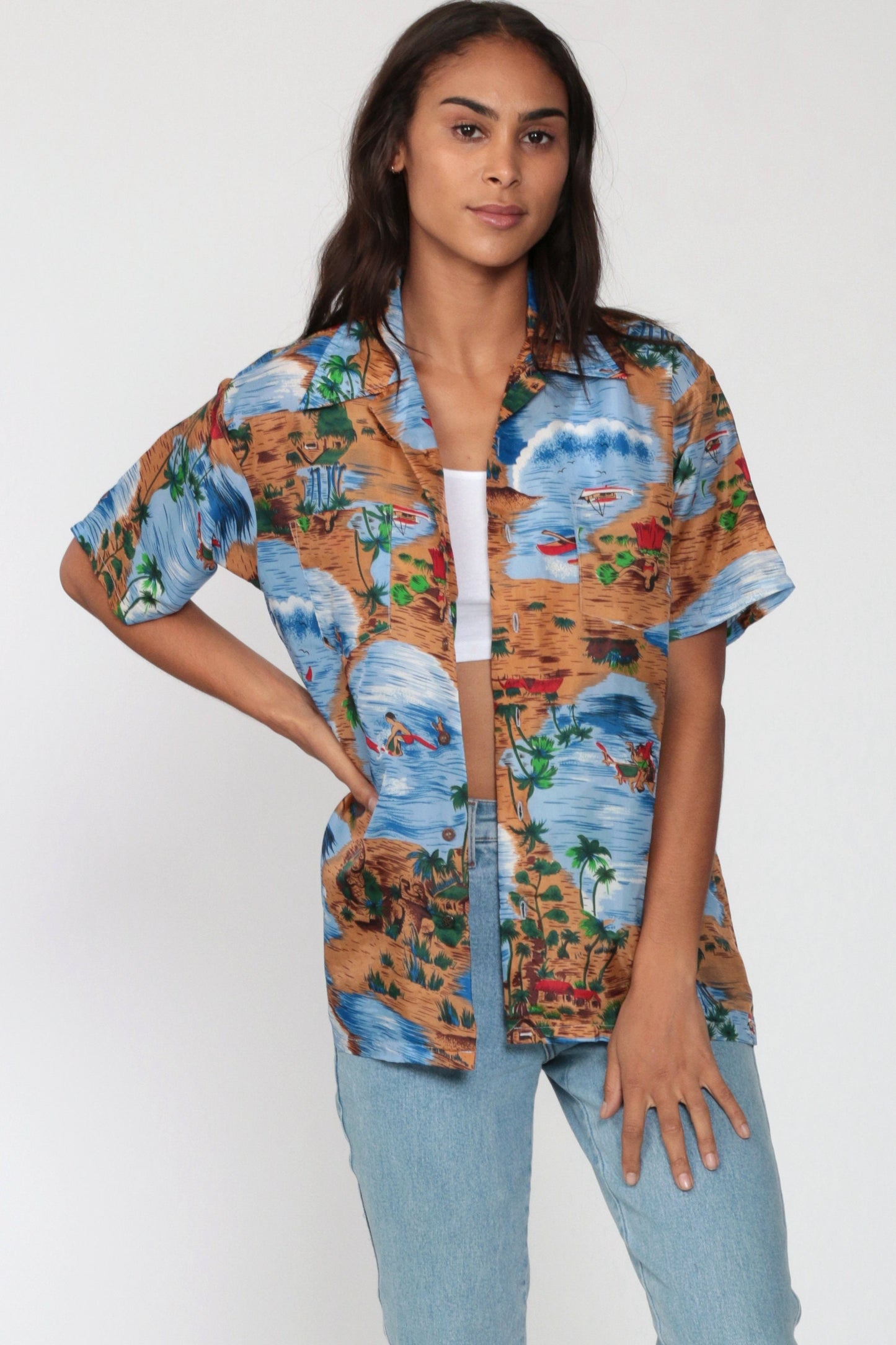 90s Hawaiian Shirt Surfer Ocean Print Button Up Sea Blue Medium