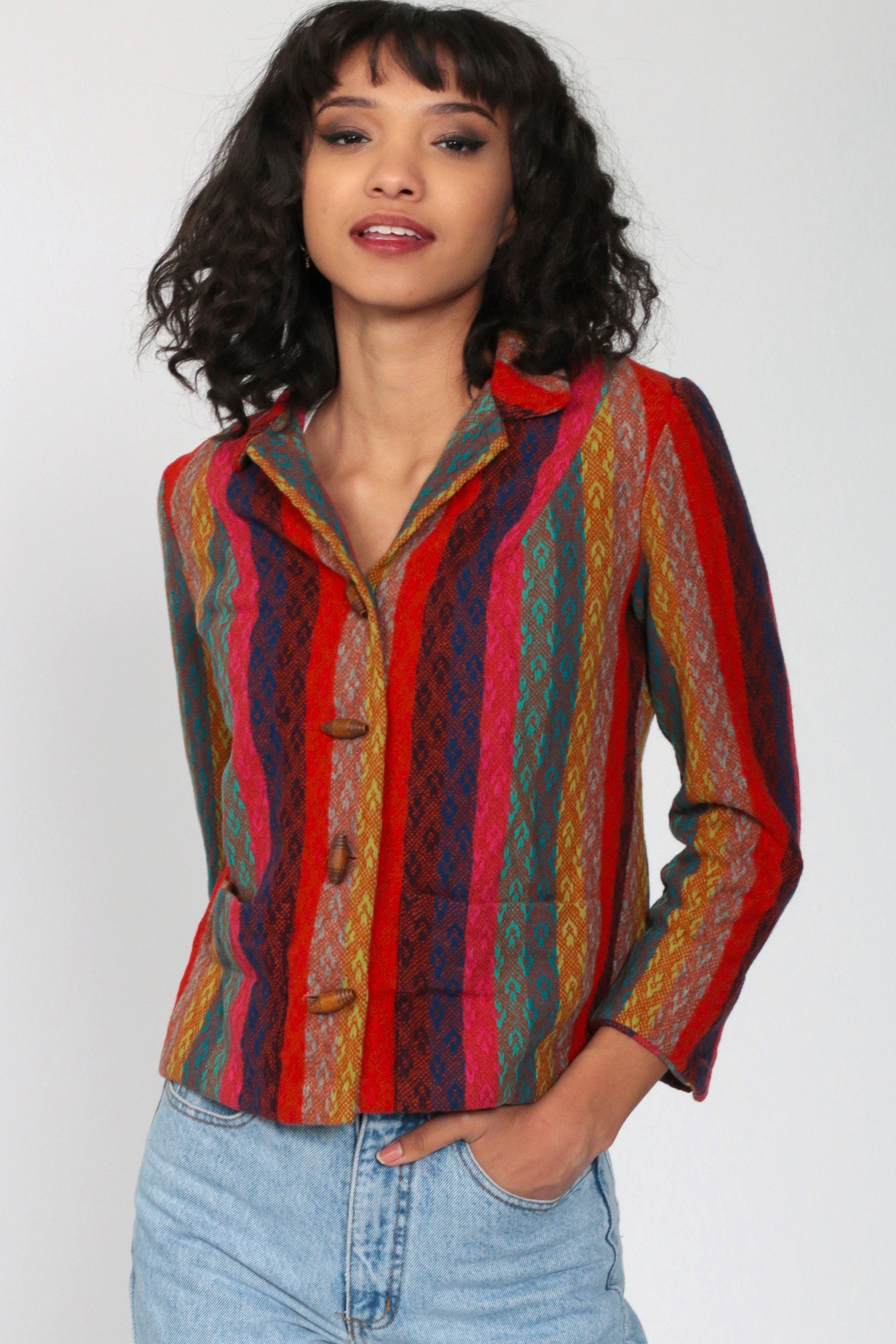 90s Striped Wool Blend Toggle Jacket Red Pink Blue Small