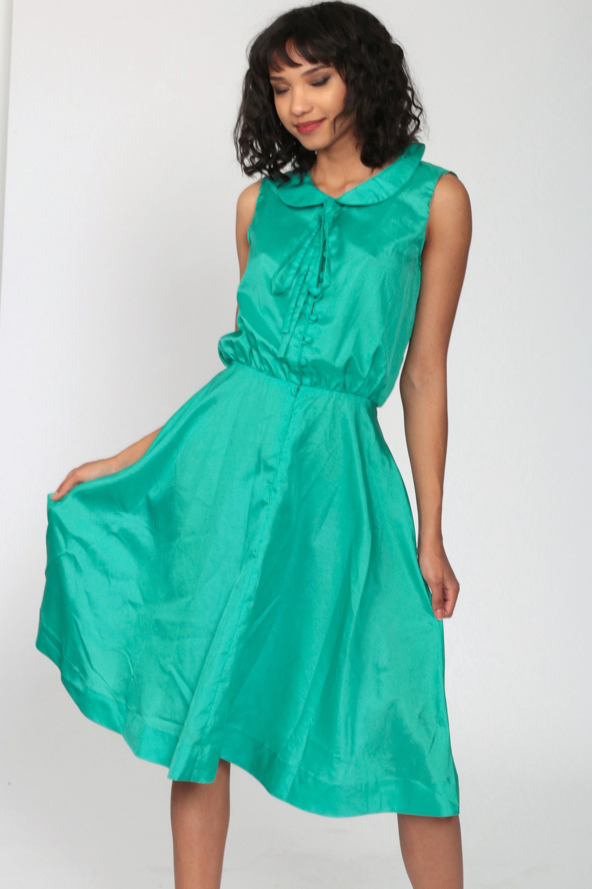 70s Green Midi Dress Peter Pan Collar High Waist Button Front Extra Small