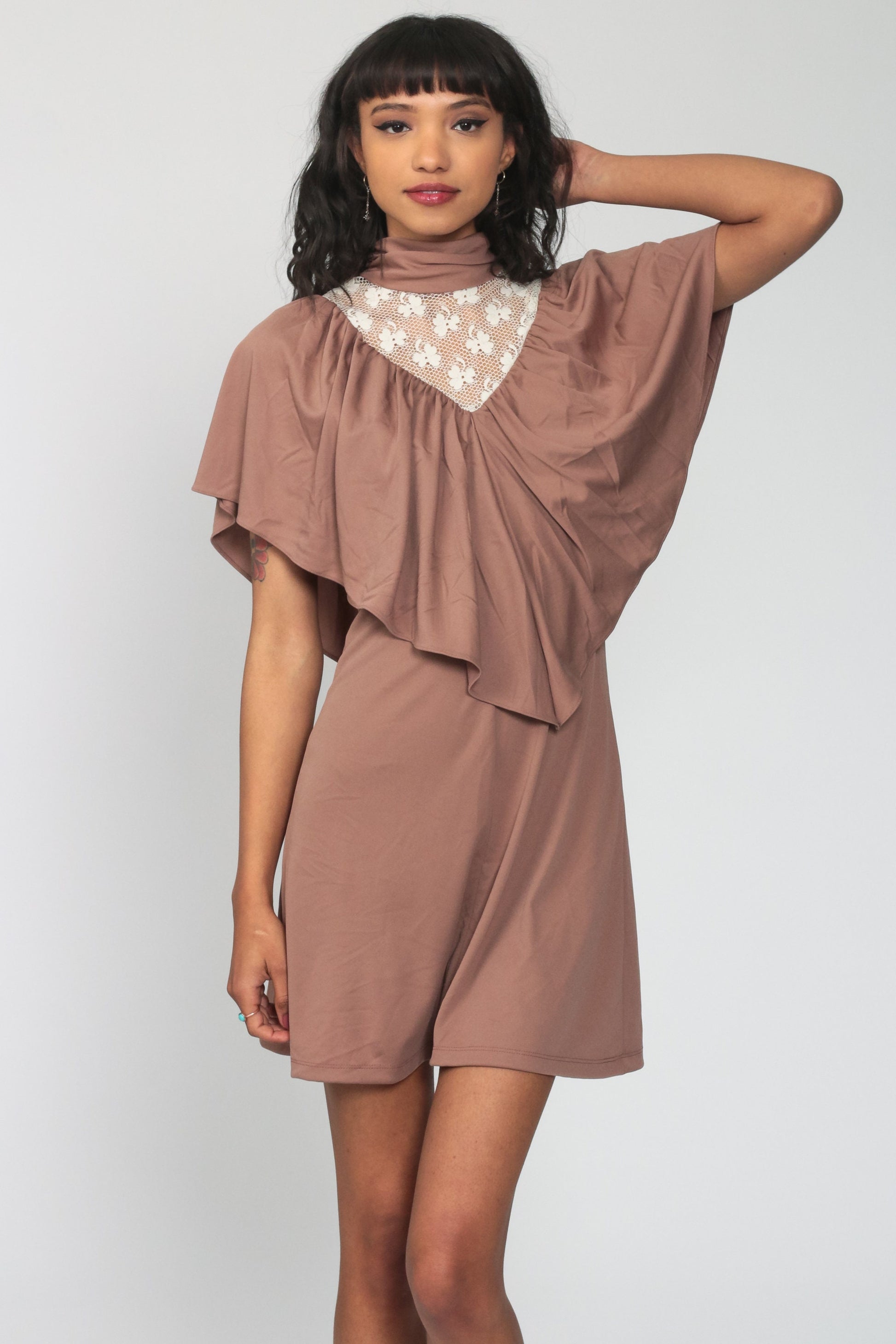 70s Lace Mini Dress with Draped Capelet Mocha High Neck Small