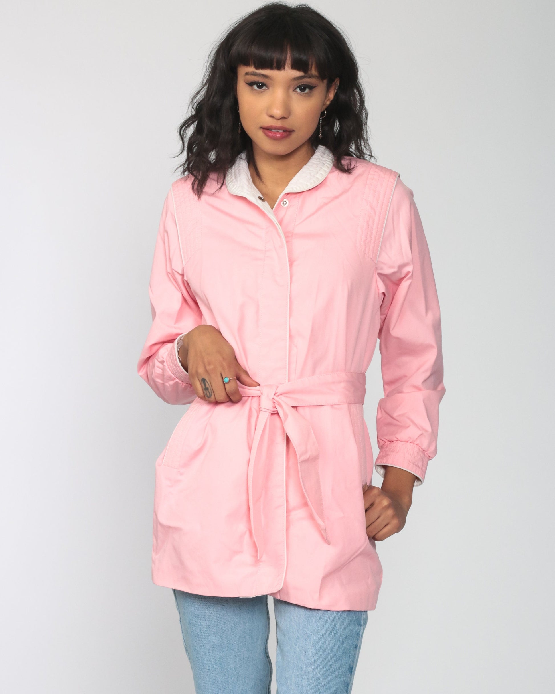 80s Baby Pink Hooded Windbreaker Jacket Belted Cotton Small