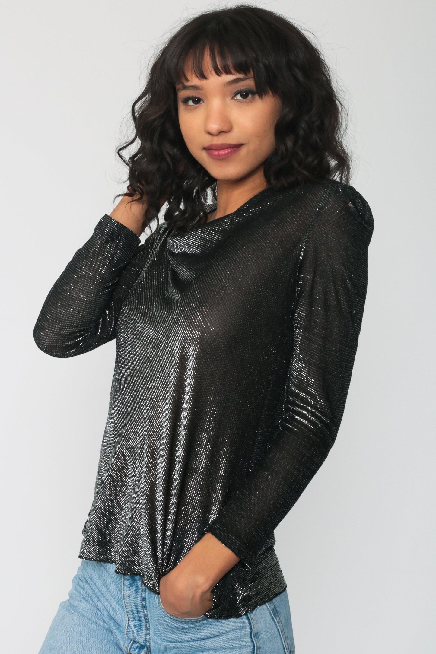 70s Metallic Silver Black Cowl Neck Blouse Puff Sleeve Sheer Top Small