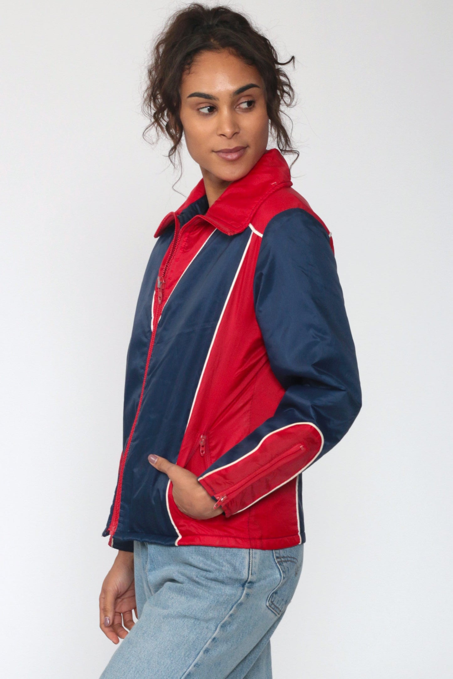 70s Puffer Ski Jacket Blue Red Striped Nylon Puffy Coat Extra Small