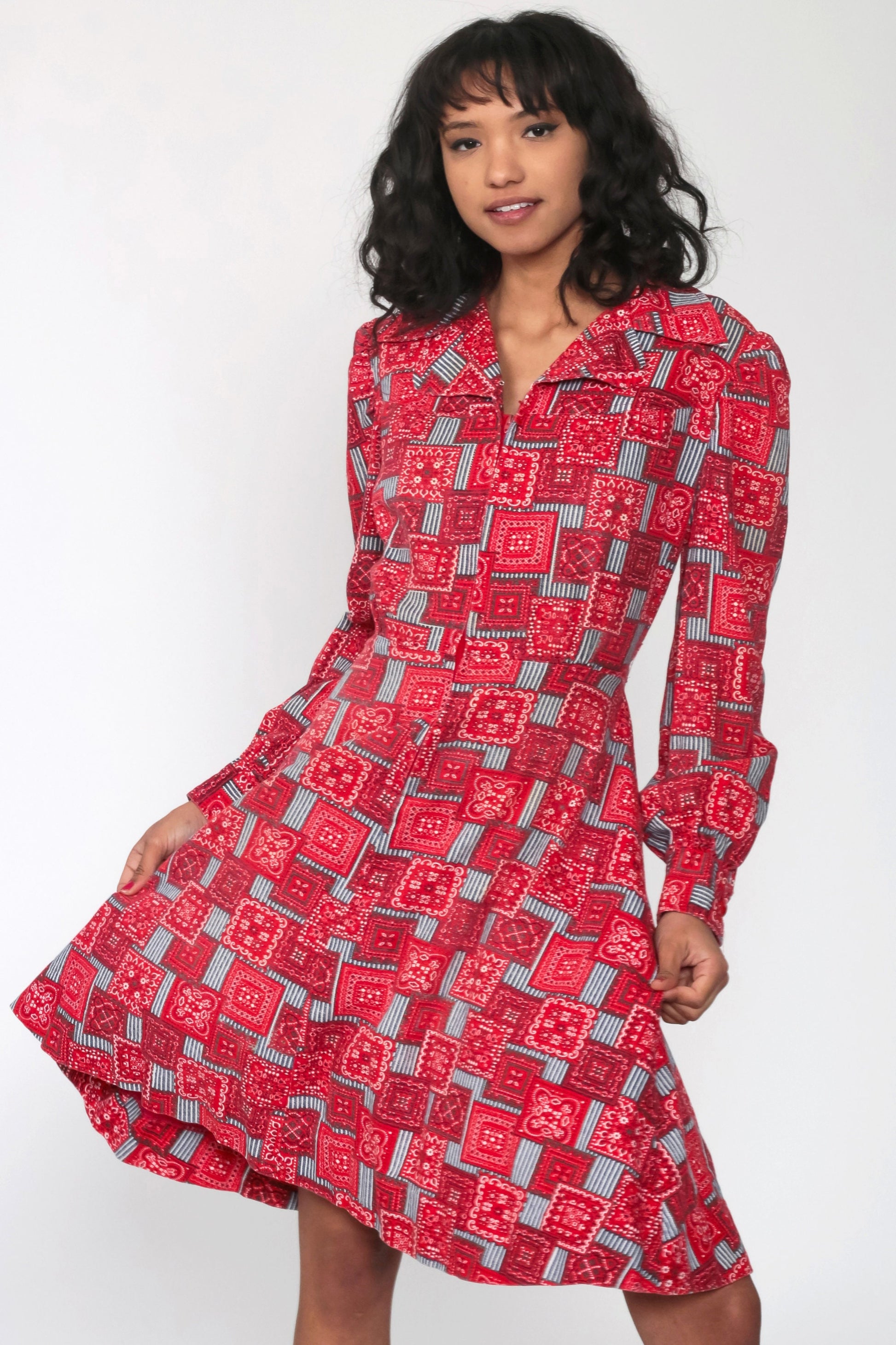 70s Bandana Print Mini Dress Cherry Buttons Puff Sleeves High Waist Red Medium