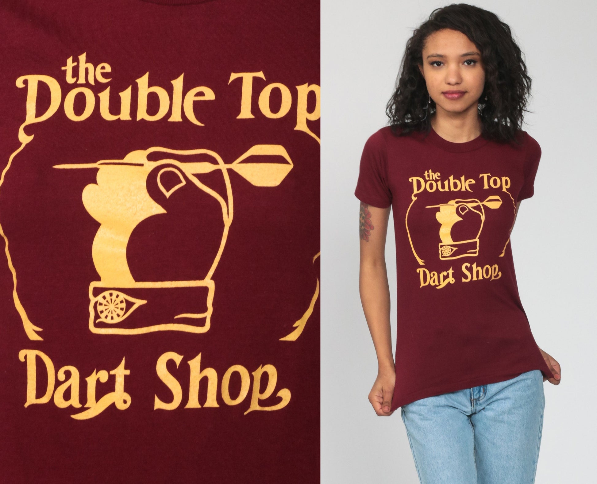 80s Dart Shop Graphic T-Shirt Burgundy Yellow Single Stitch Extra Small