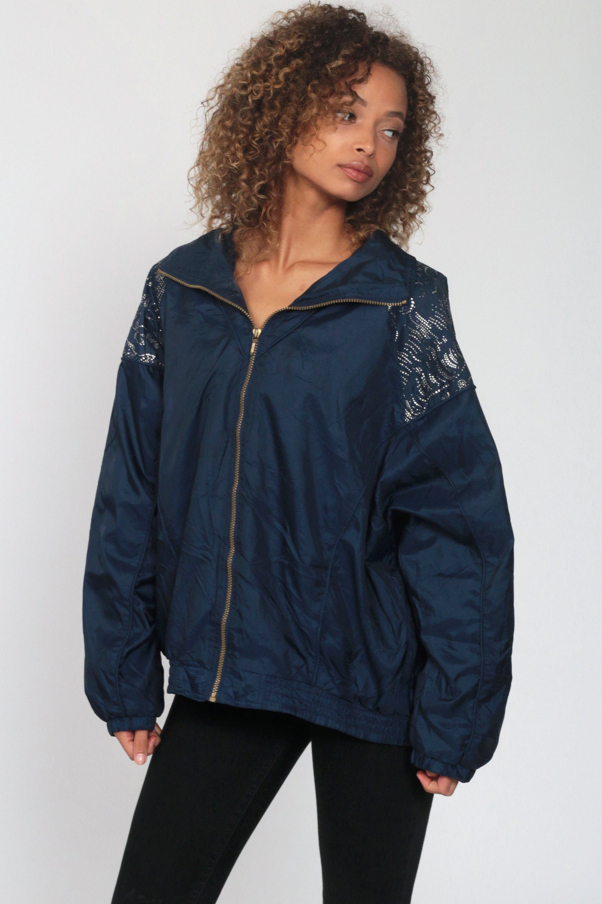 90s Shiny Blue Nylon Windbreaker Jacket Metallic Trim Plus Size XXL