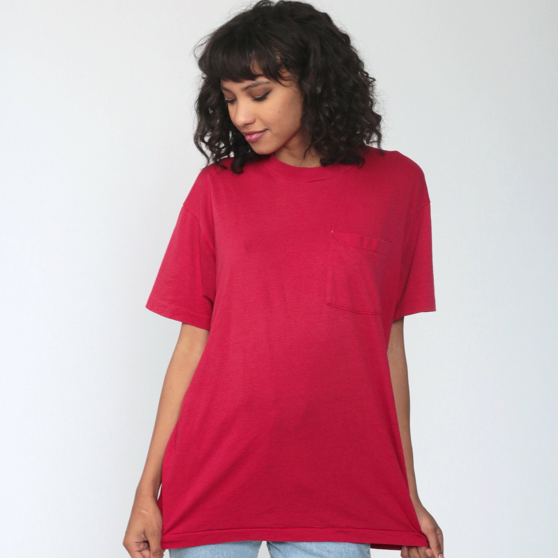 80s Deep Pink Single Stitch T-Shirt Pocket Tee Cotton Blend Large