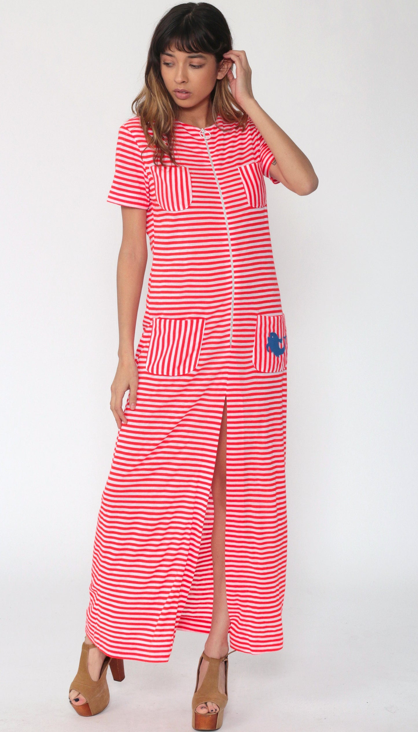 70s Red White Striped Maxi Dress Fish Pocket Front Zip Column Small Medium