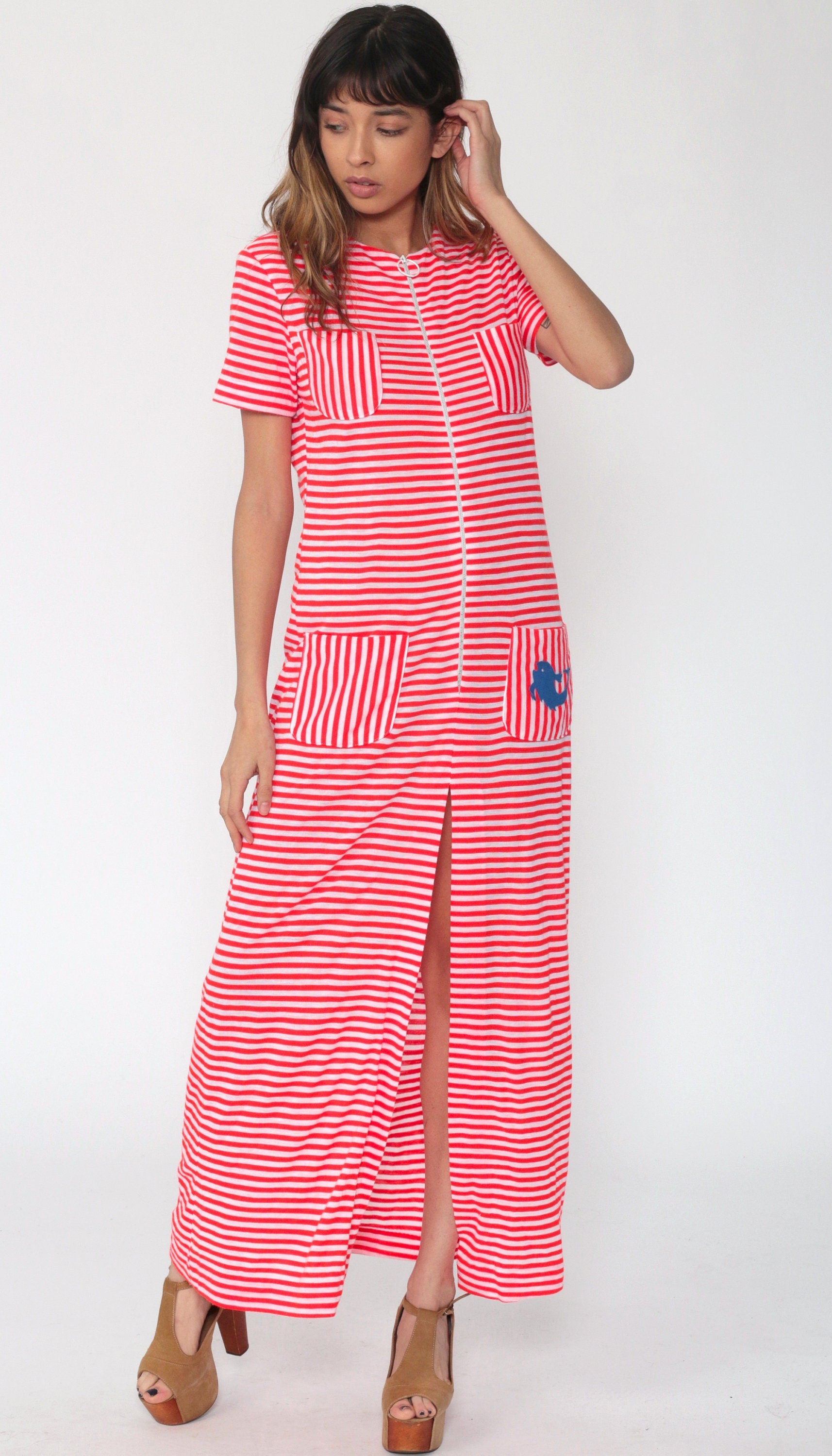 70s Red White Striped Maxi Dress Fish Pocket Front Zip Column Small Medium