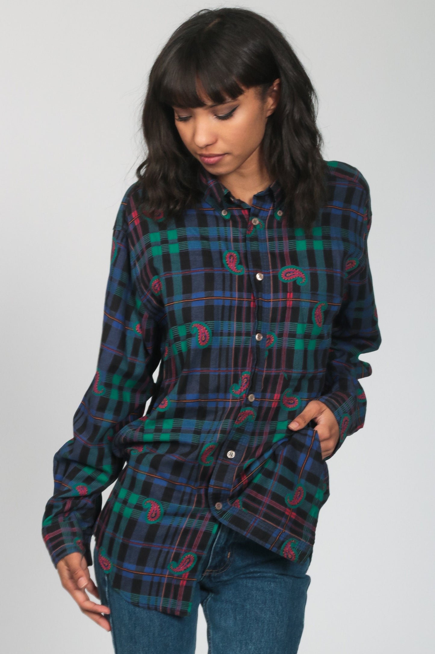 90s Plaid Paisley Button Up Shirt Blue Long Sleeve Blouse Large