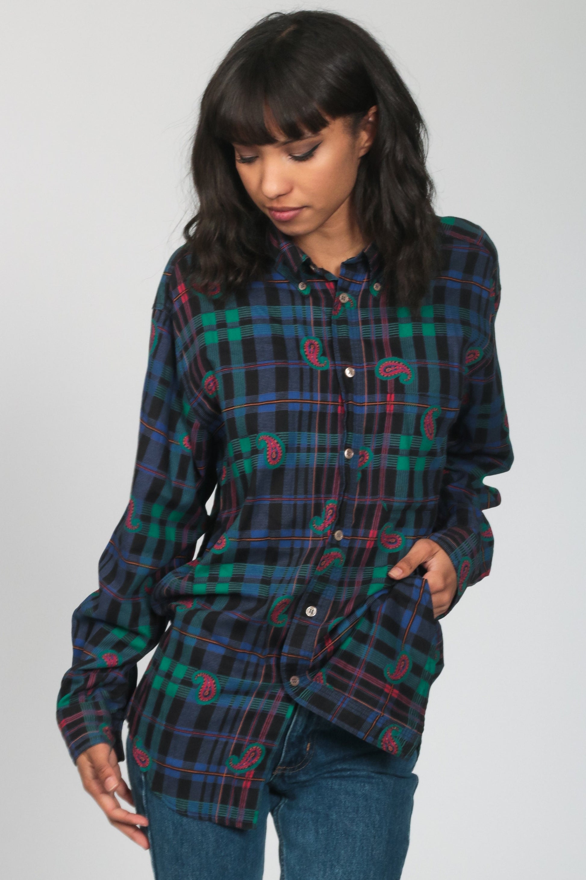 90s Plaid Paisley Button Up Shirt Blue Long Sleeve Blouse Large