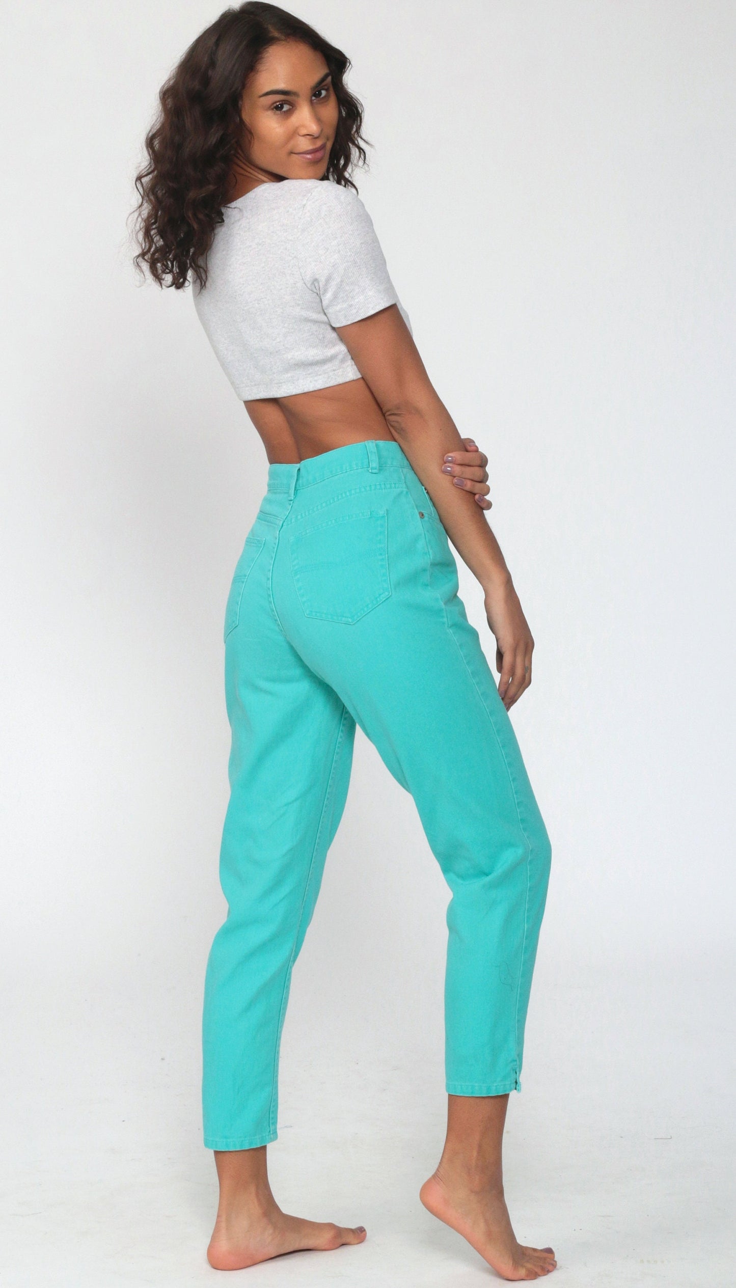 90s Turquoise High-Waisted Tapered Jeans Ankle Denim Extra Small