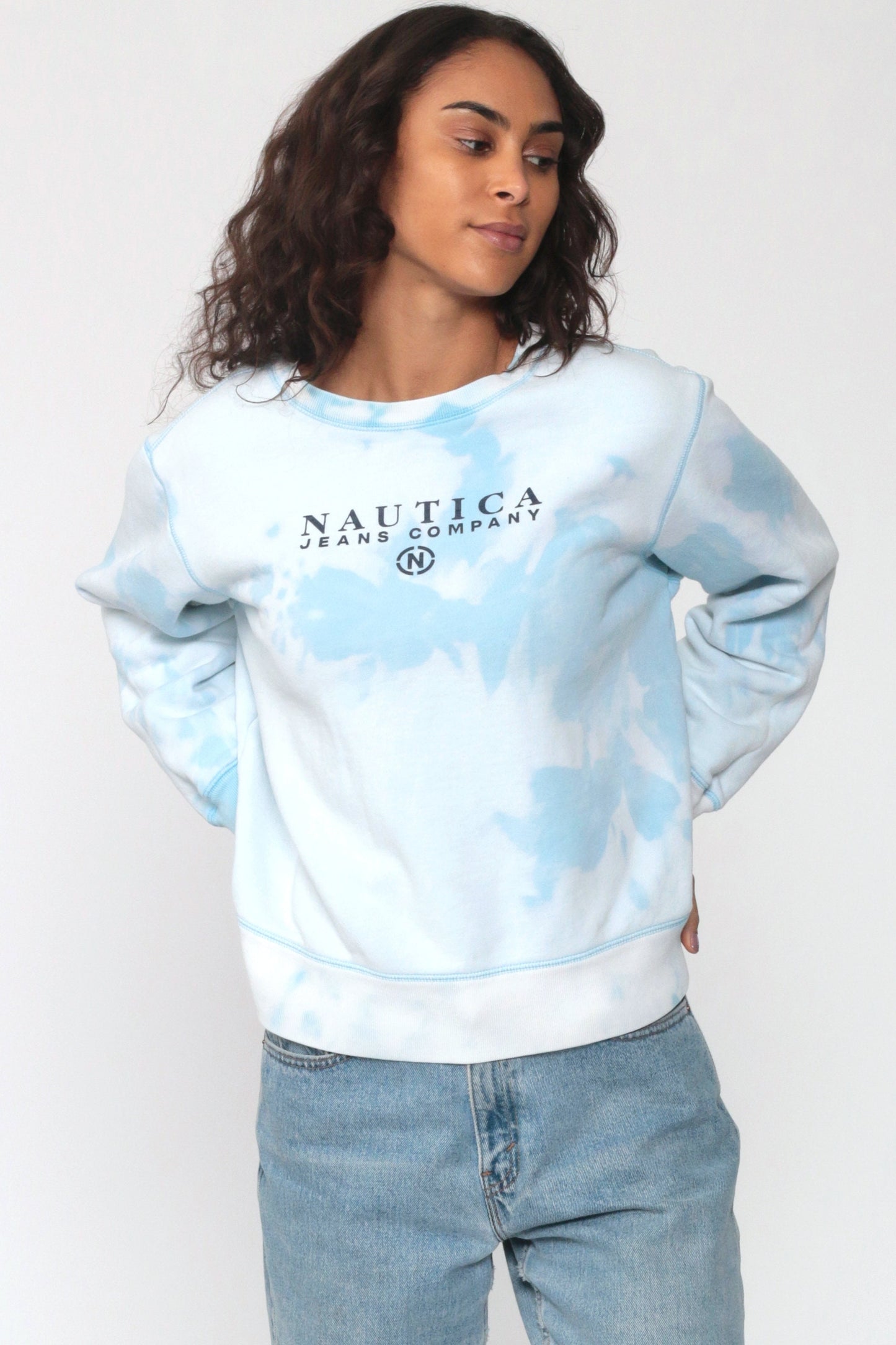 90s Nautica Tie Dye Crewneck Sweatshirt Blue White Extra Large XL