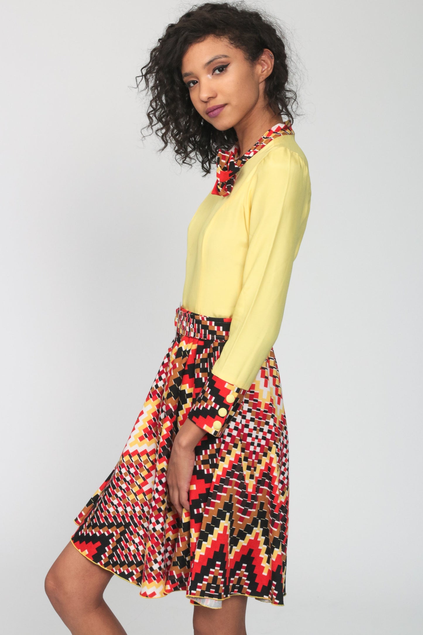 70s Geometric Mini Dress Long Sleeve High Waist Yellow Orange Extra Small